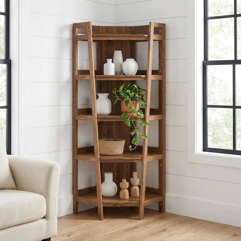 Angle. FurniFact - Brown corner bookshelf with spacious shelves and modern design - Brown.