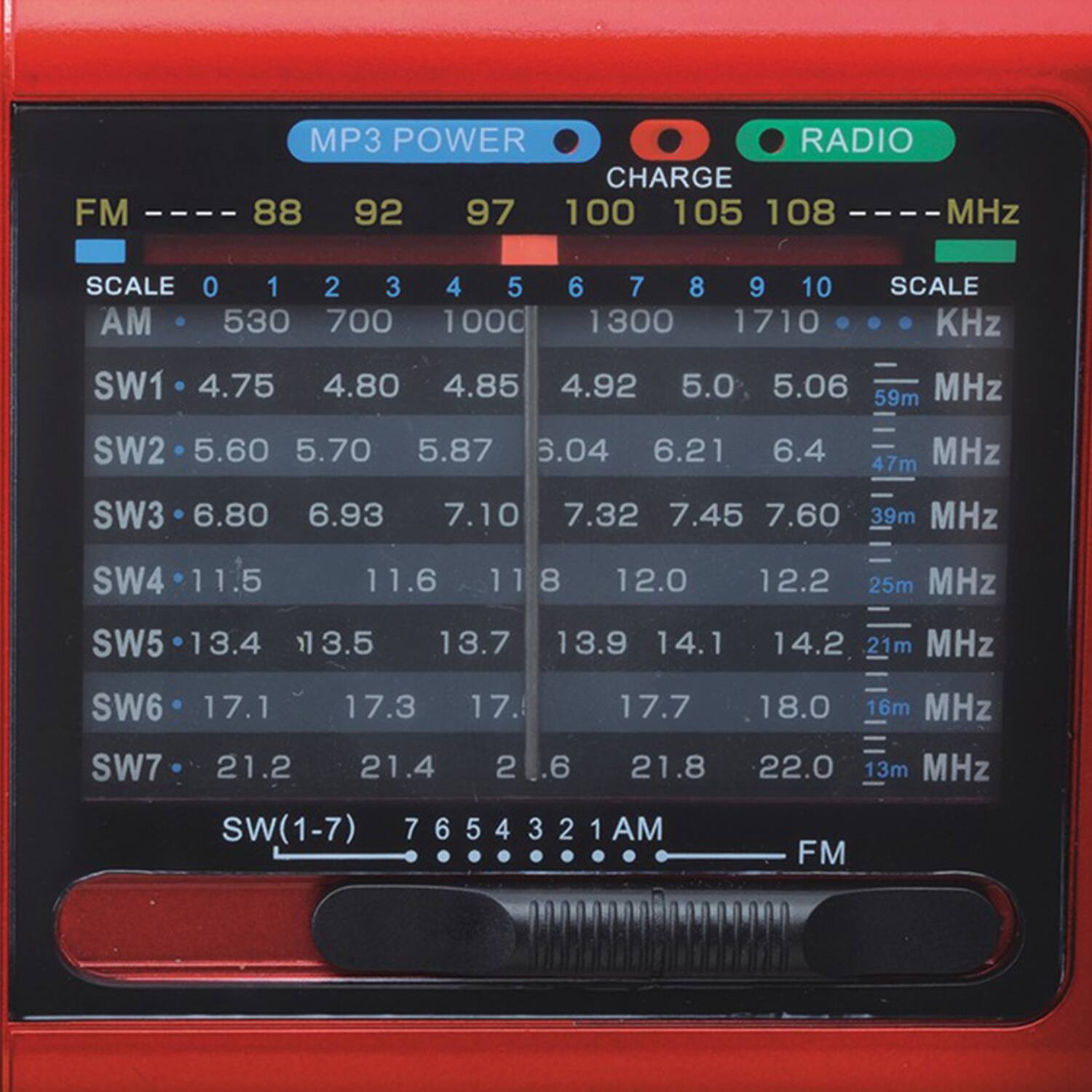 FM MP3 POWER RADIO CHARGE  
88 92 97 100 105 108 MHz  
SCALE 0 1 2 3 4 5 6 7 8 9 10  
AM 530 700 1000 1300 1710  
SCALE KHz  

SW1 4.75 4.80 4.85 4.92 5.0 5.06 59m MHz  
SW2 5.60 5.70 5.87 6.04 6.21 6.4 47m MHz  
SW3 6.80 6.93 7.10 7.32 7.45 7.60 39m MHz  
SW4 11.5 11.6 11.8 12.0 12.2 25m MHz  
SW5 13.4 13.5 13.7 13.9 14.1