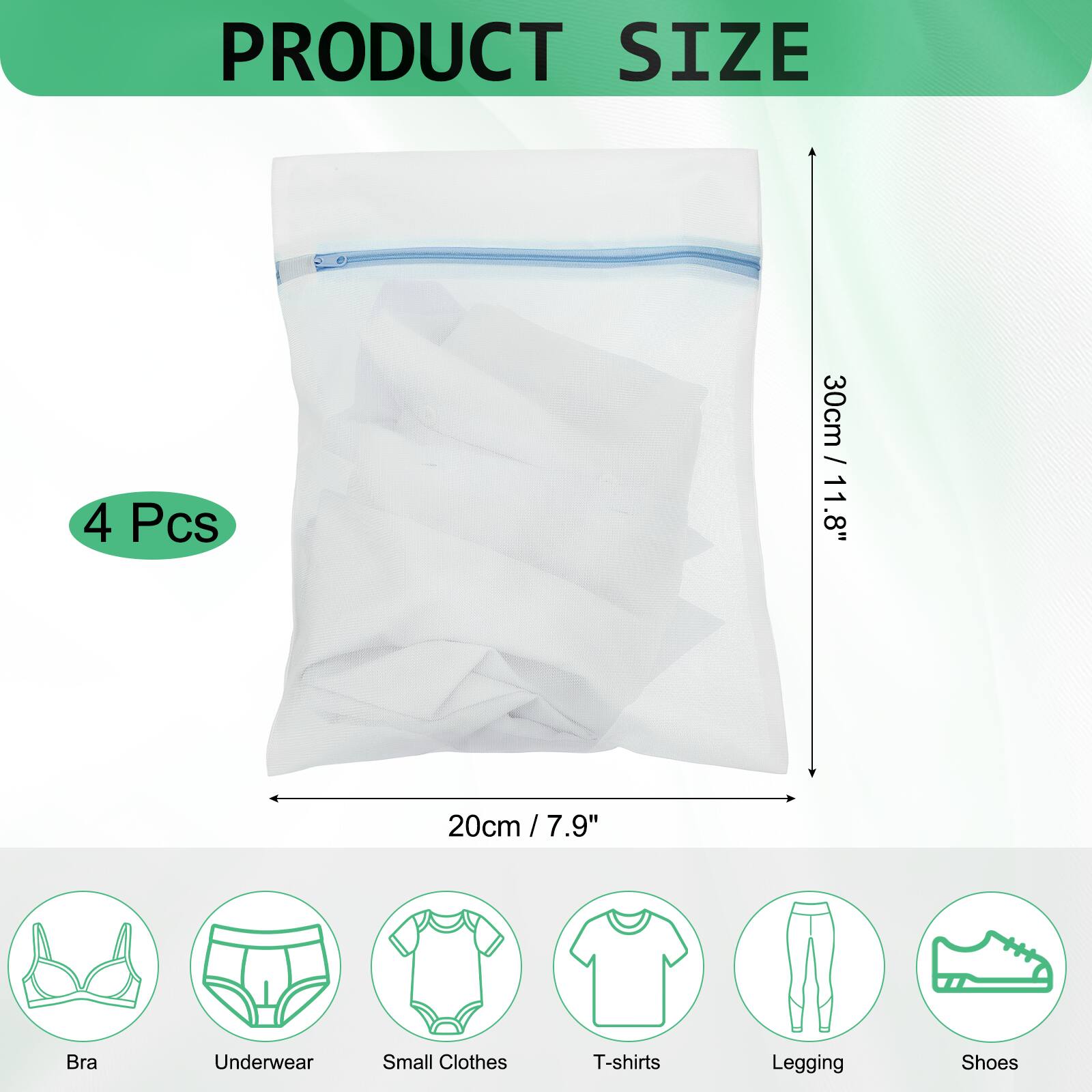 PRODUCT SIZE

4 Pcs

30cm / 11.8"  
20cm / 7.9" x 7.9"

Bra  
Underwear  
Small Clothes  
T-shirts  
Legging  
Shoes