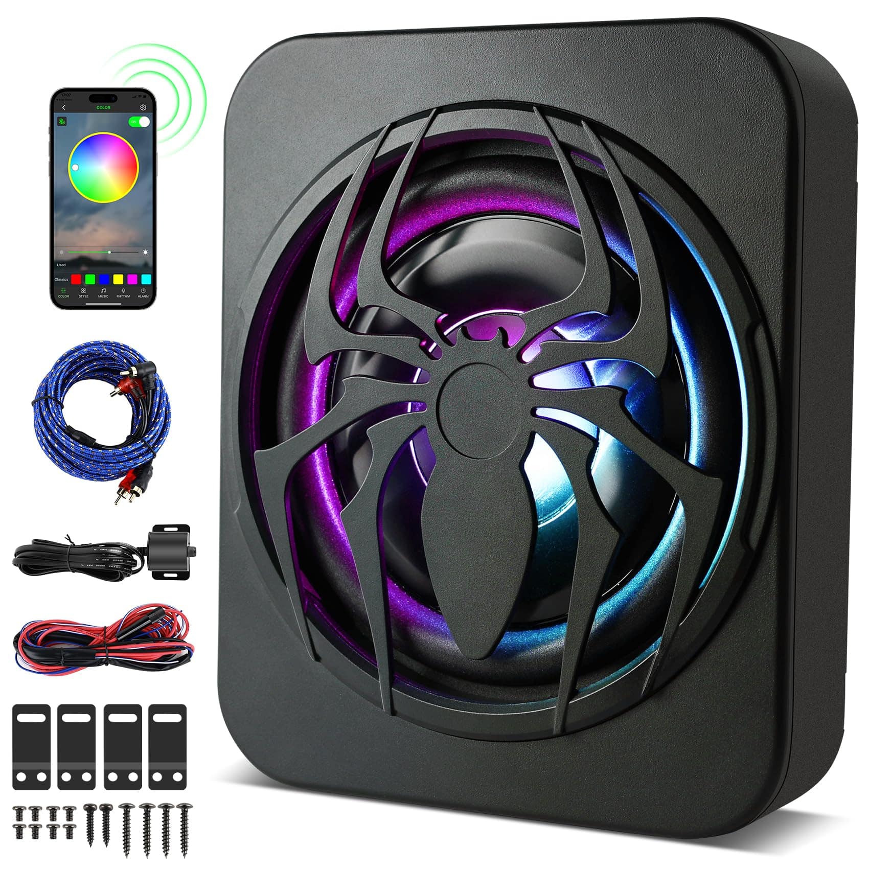 TECH SAFARI - seat Active Car Subwoofer Supports High low Level Inputs Power Amplifier Colored Ambient Lights includes Mo - Default