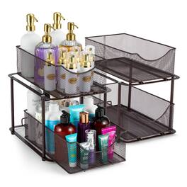 Sorbus - 2 Tier Metal Under Sink Organizer for Bathroom, Kitchen, Strong Steel Mesh Sliding Drawers for Under Sink - Brown Two Pack
