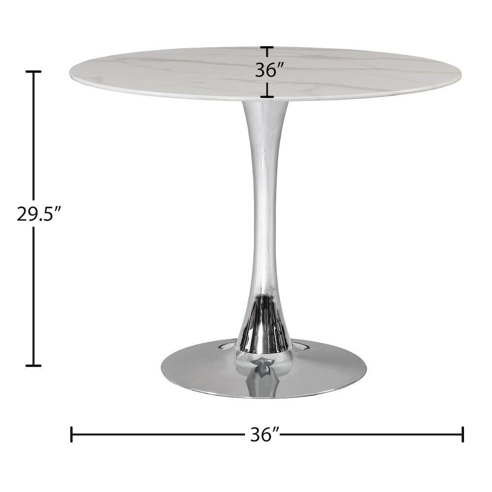 - Tabletop diameter: 36"
- Table height: 29.5"
- Base diameter: 36"