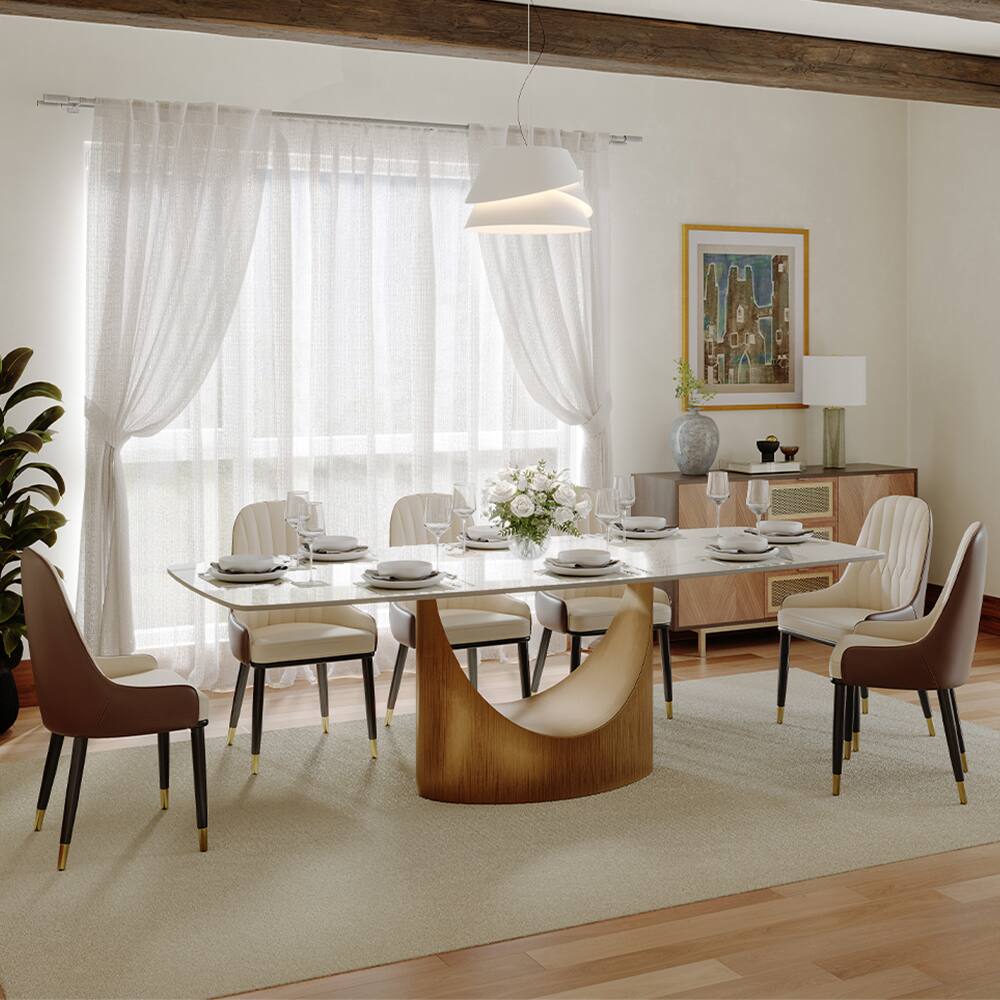 Left. POVISON - 94" Modern Minimalist Dining Table for 10, White Rectangular Glossy  Sintered Stone Tabletop, Bronze Carbon Steel Leg - Glossy White Sintered Stone with Bronze.