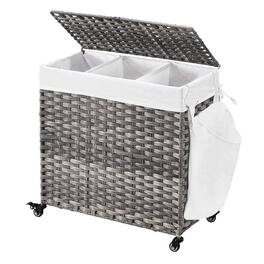 SlickBlue - 3-Bag Rattan Laundry Basket Cart with Removable Cotton Liners on Wheels - Gray
