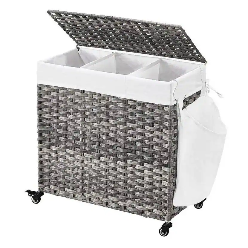 Front. SlickBlue - 3-Bag Rattan Laundry Basket Cart with Removable Cotton Liners on Wheels - Grey.