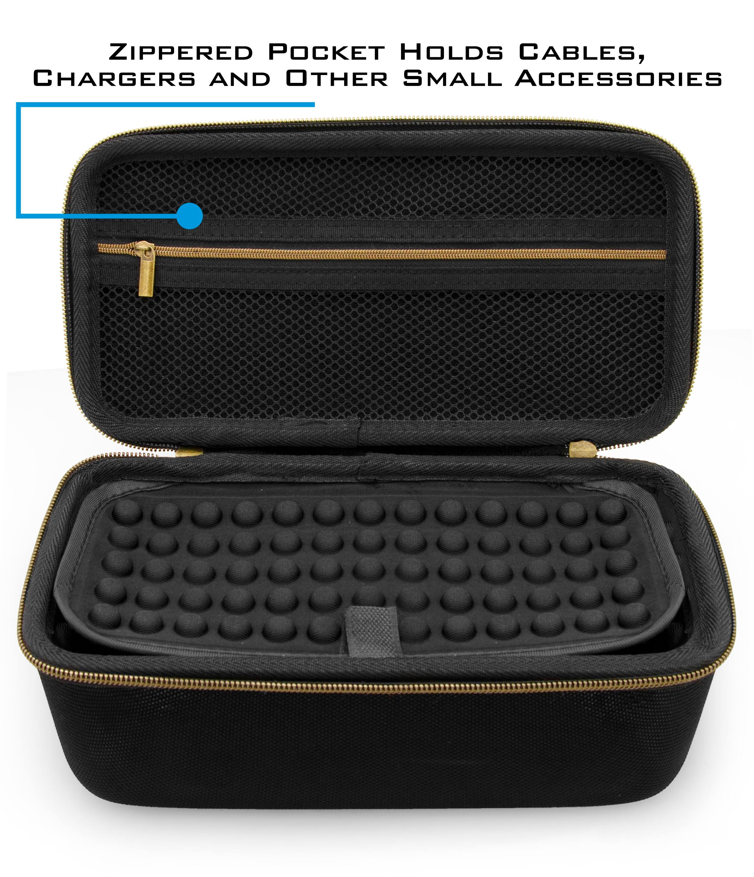 ZIPPERED POCKET HOLDS CABLES, CHARGERS AND OTHER SMALL ACCESSORIES
