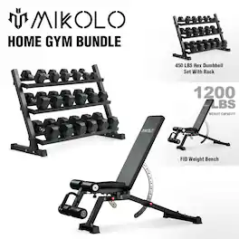 Mikolo - Rubber Hex Dumbbell Set with Racks and FID Weighted Bench, Options in 450lbs - Black