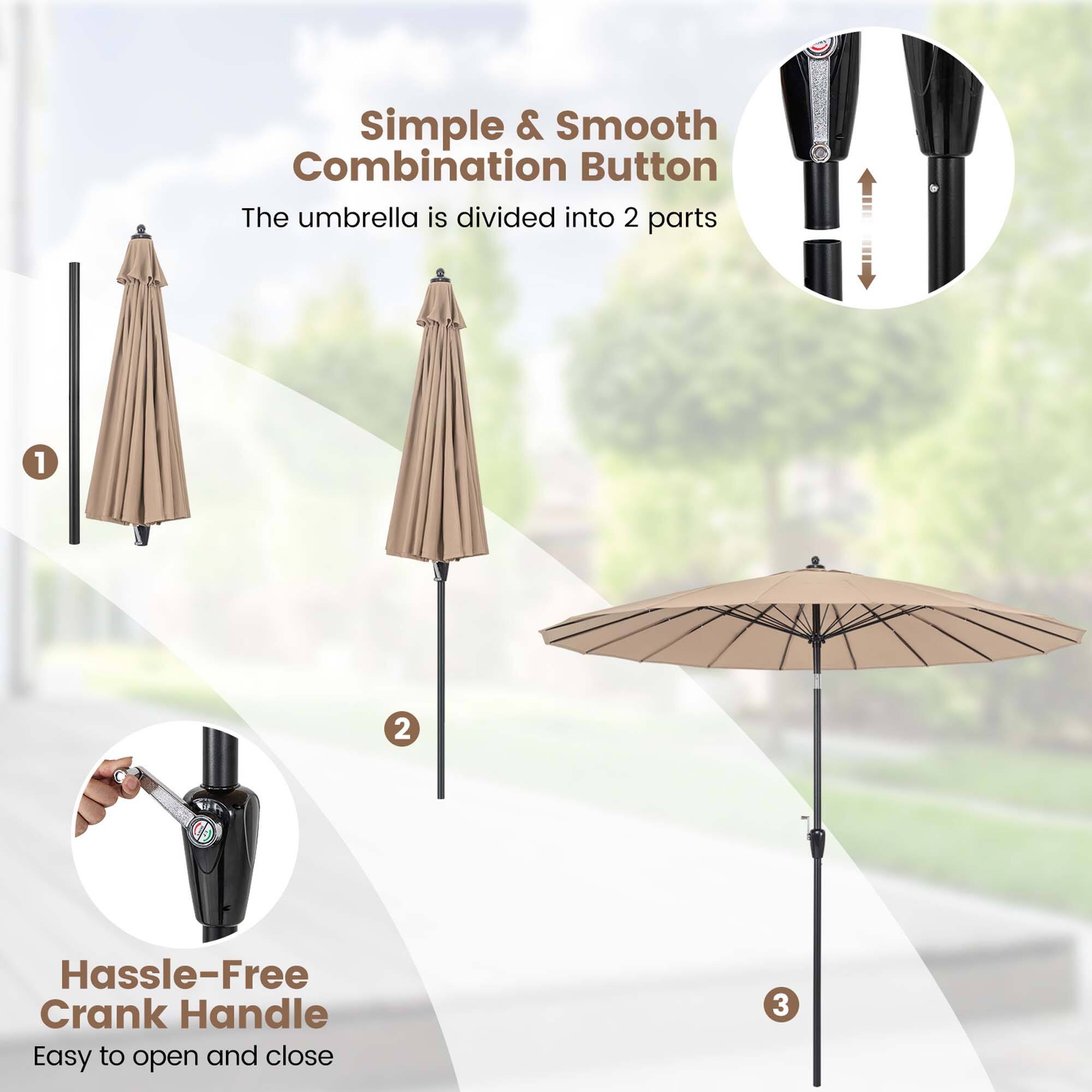 The image features a simple and smooth combination button that divides the umbrella into two parts. The umbrella also comes with a hassle-free crank handle, making it easy to open and close.