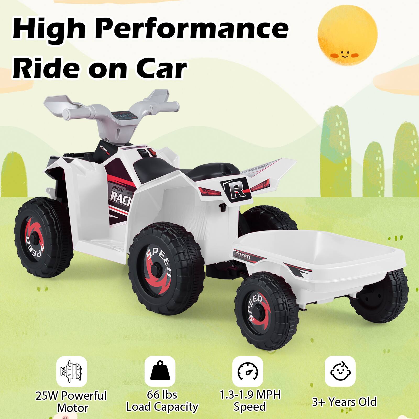 High Performance Ride on Car

25W Powerful Motor
66 lbs Load Capacity
1.3-1.9 MPH Speed
3+ Years Old