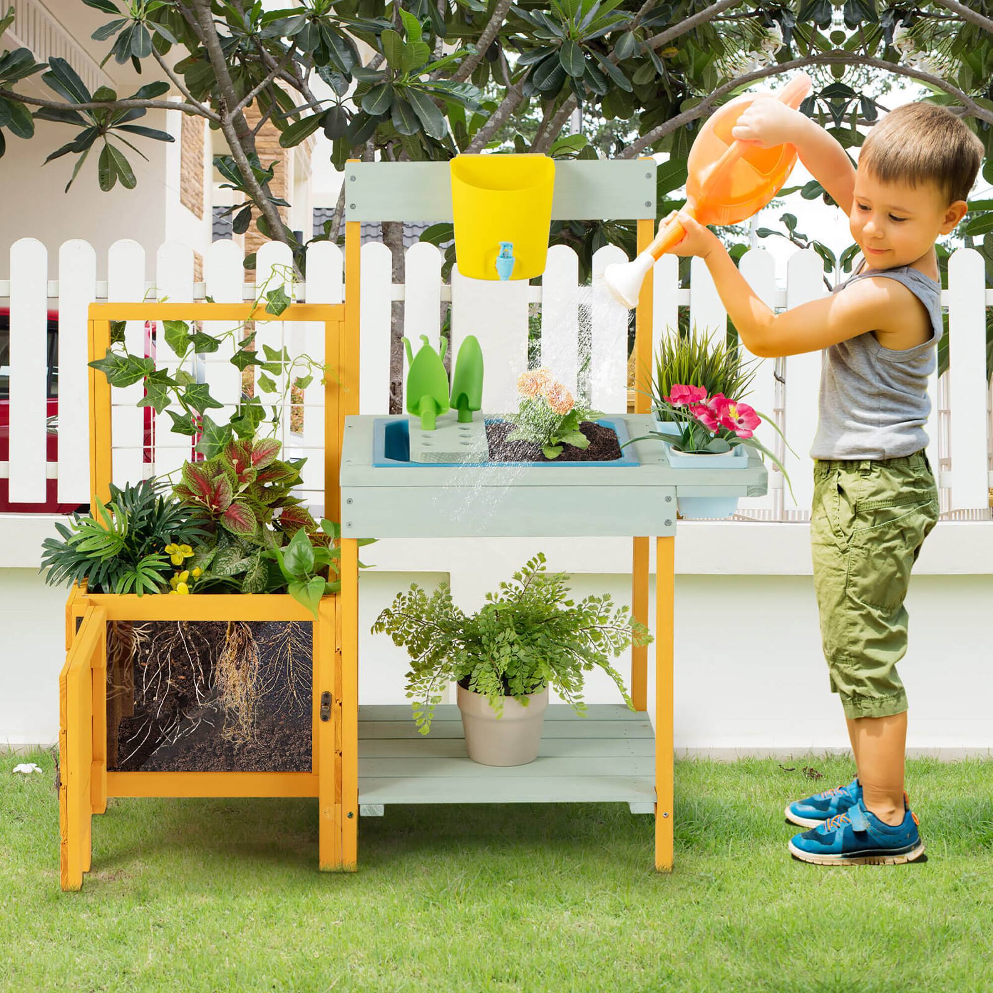 Alt View 3. Gymax - Gymax Wooden Potting Bench for Kids w/ See-Through Window Planter Box Garden Trellis - Yellow, Blue.