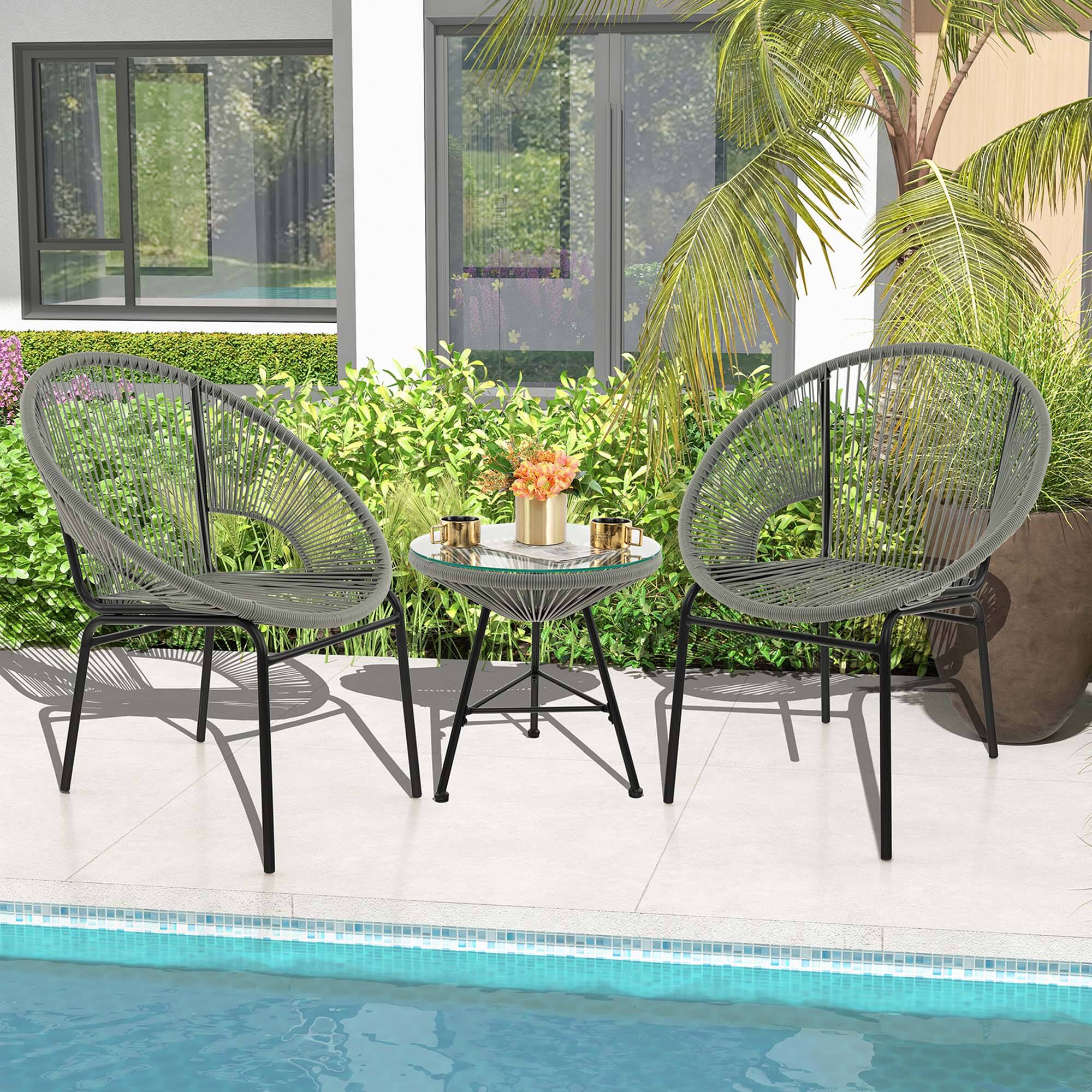 Alt View 9. Costway - Costway 3PCS Patio Acapulco Furniture Bistro Set Plastic Rope Glass Table Grey - Grey.