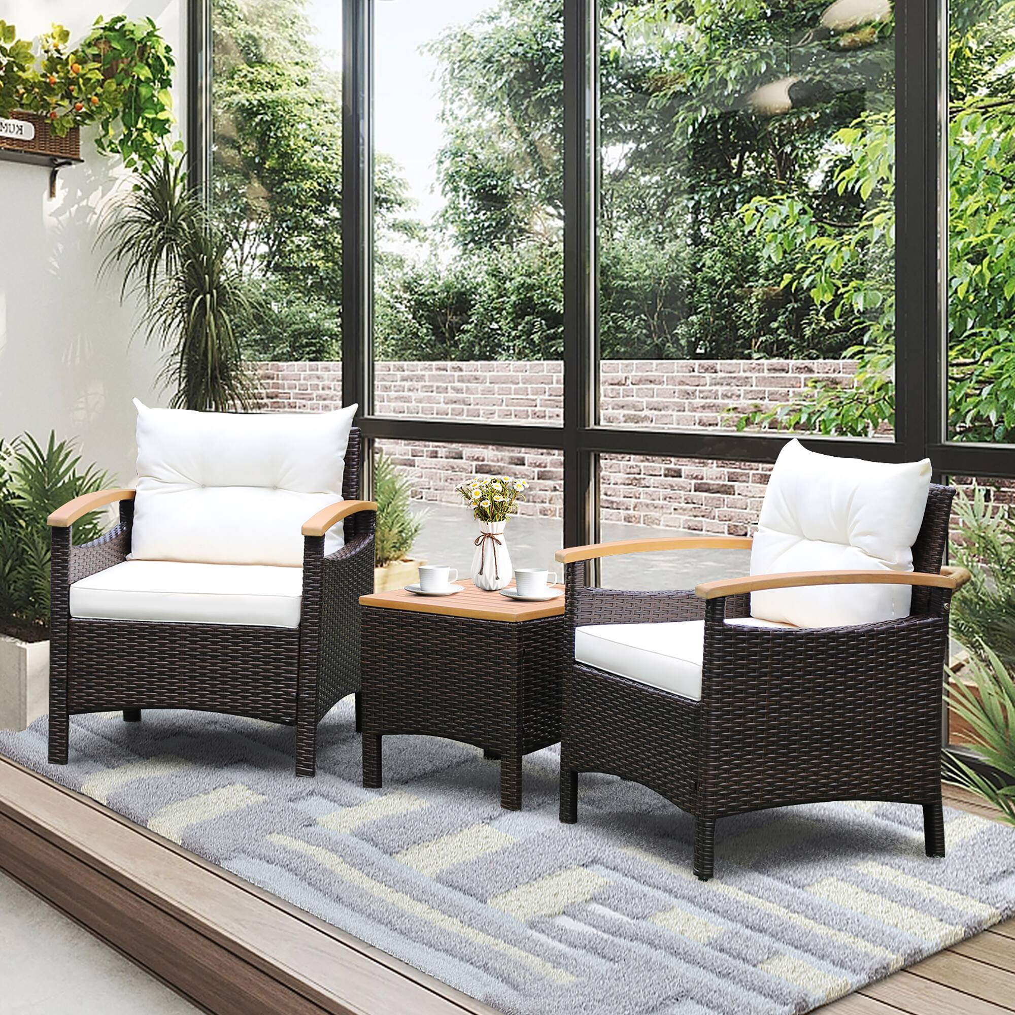 Alt View 3. Costway - Costway 3PCS Patio Rattan Furniture Set Wooden Armrest Table Top Cushioned Deck - Mix Brown,Off White.