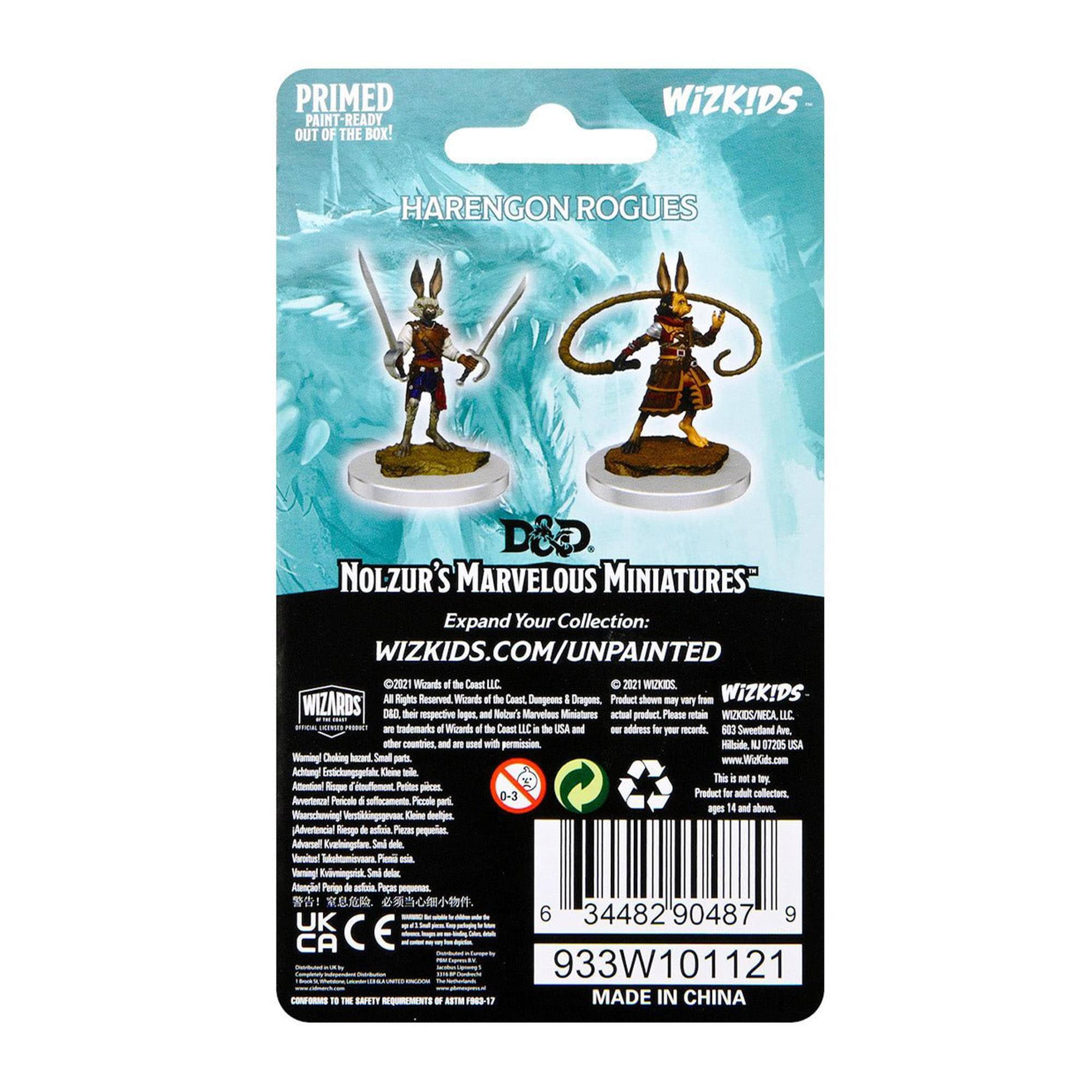 **PRIMED PAINT-READY OUT OF THE BOX!**

**WiZK!DS HARENGON ROGUES**

**NOLZUR'S MARVELOUS MINIATURES**  
Expand Your Collection: WIZKIDS.COM/UNPAINTED

**2021 Wizards of the Coast LLC**  
Wizards of the Coast, Dungeons & Dragons, and all respective logos and trademarks are trademarks of Wizards of the Coast LLC in the USA and other countries. © 2021 Wizards of the Coast LLC. All rights reserved.

**WARNING: Choking Hazard - Small parts. Not for children under 3 years.**

**MADE IN CHINA**

**WiZKIDS**  
683 Sweetland Ave  
Millsdell, NY 87205 USA  
www.WizKids.com

**Attention Required**  
Keine Tinken  
Avertissement  
Atención  
Attention  
Achtung  
Attenzione  
Avertissement  
Advertencia  
Achtung  
Attenzione  
Avertissement  
Atención  
Attention

**Product for adult collectors. Not a toy.**

**933W101121**

