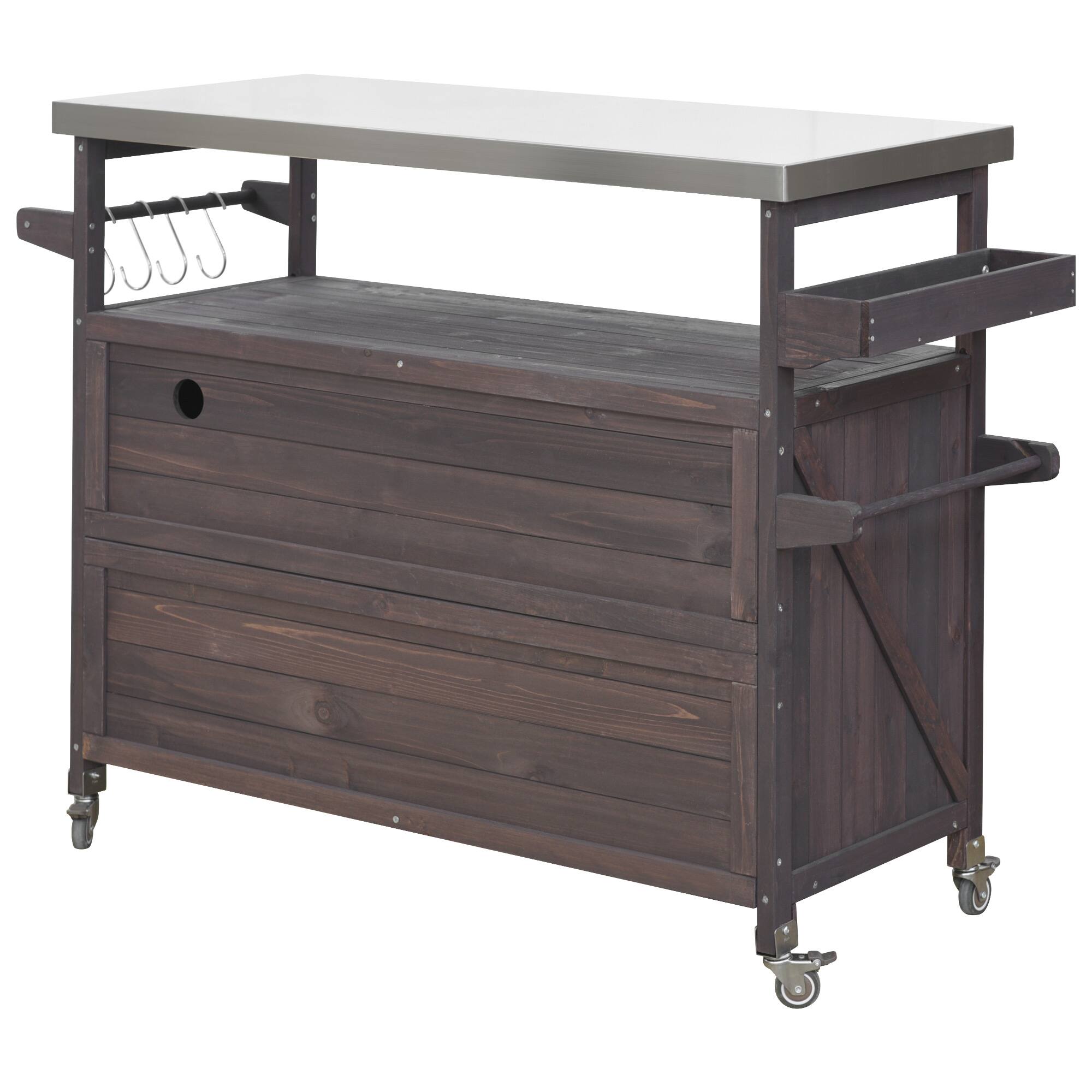 Left. PexFix - Solid Wood Outdoor Kitchen Island with Stainless Top, Rolling BBQ Grill Cart with Storage, Spice & Towel Rack for Patio - Dark Brown.