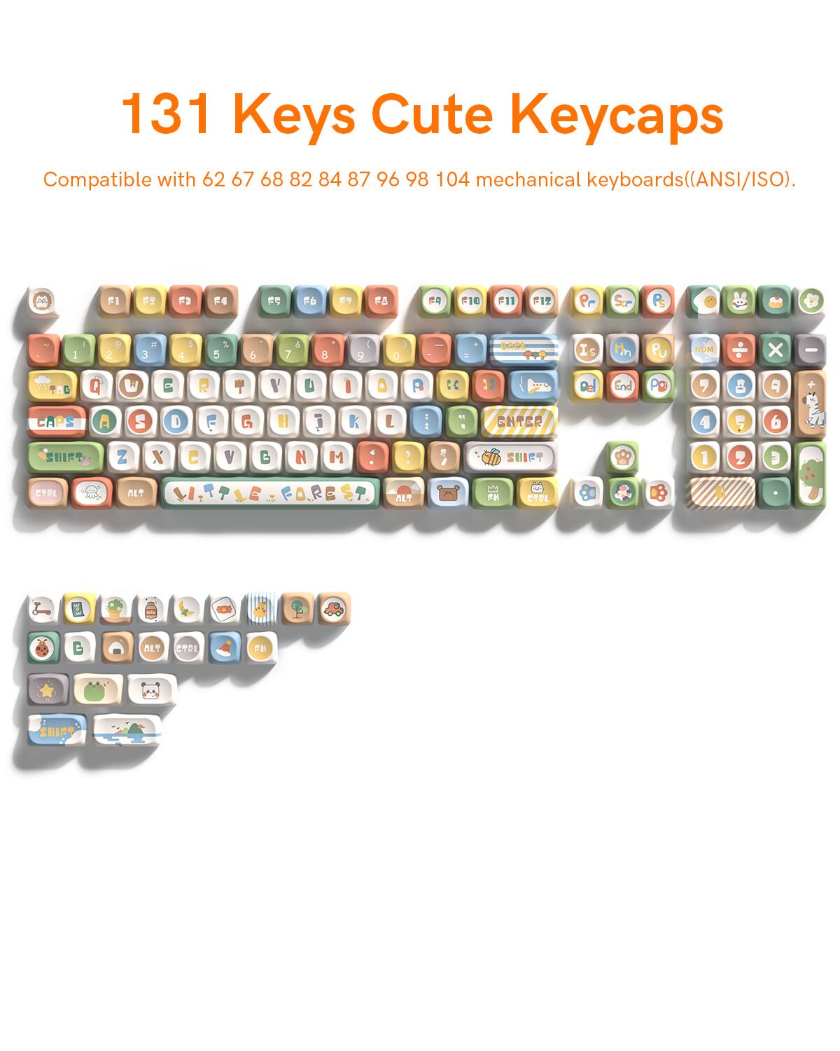 131 Keys Cute Keycaps Compatible with 62 67 68 82 84 87 96 98 104 mechanical keyboards(ANSI/ISO).