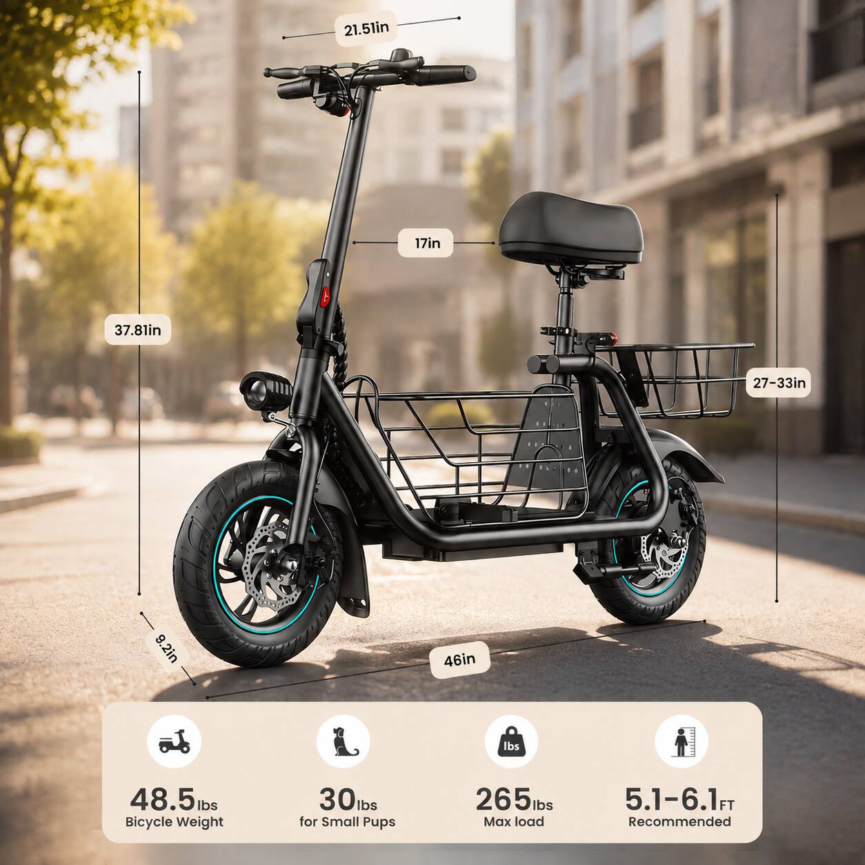 21.5in  
17in  
37.81in  
27-33in  
9.2in  
46in  
48.5 lbs Bicycle Weight  
30lbs for Small Pups  
265 lbs Max load  
5.1-6.1FT Recommended