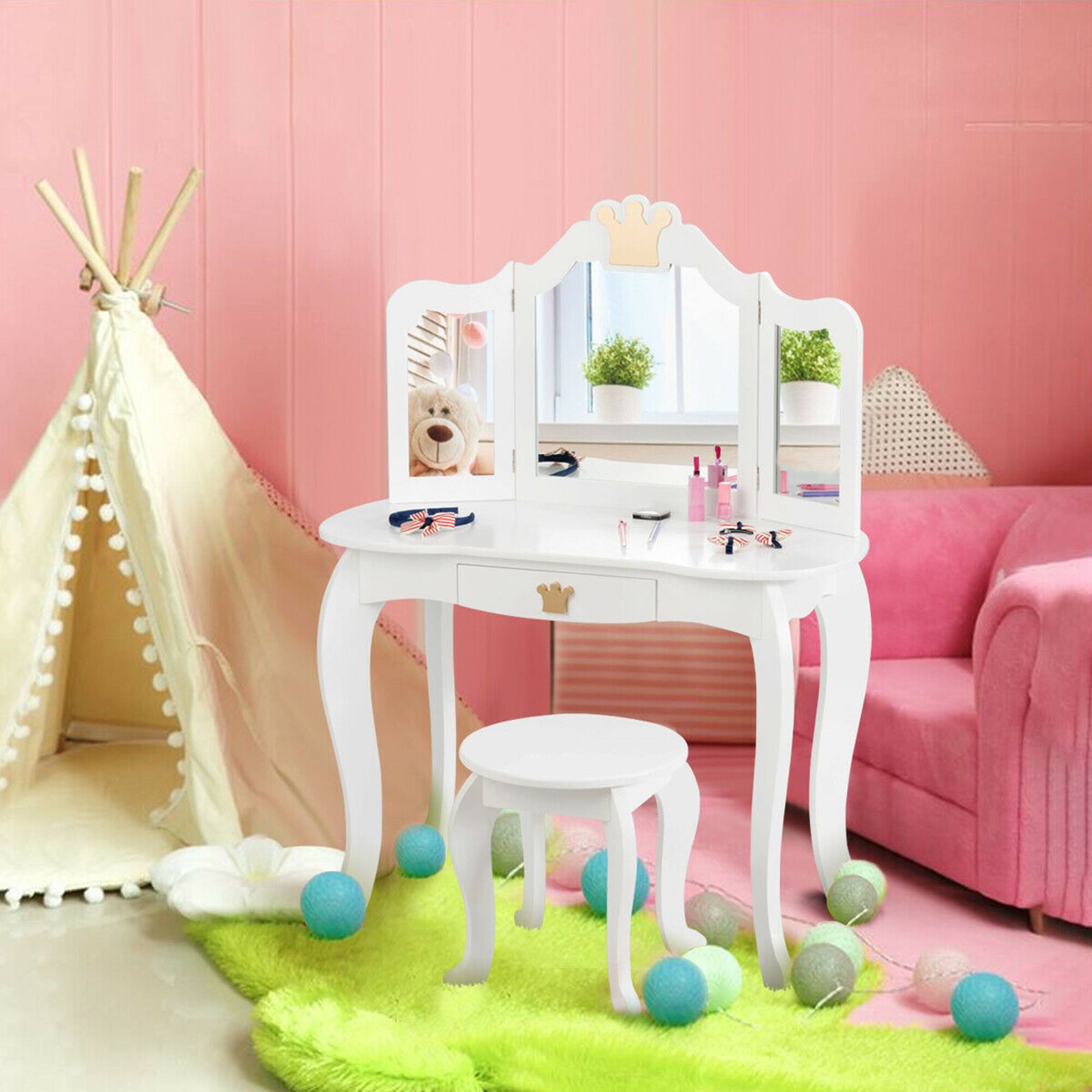 Alt View 1. Costway - Costway Kids Makeup Dressing Table Chair Set Princess Vanity & Tri-folding Mirror - White.