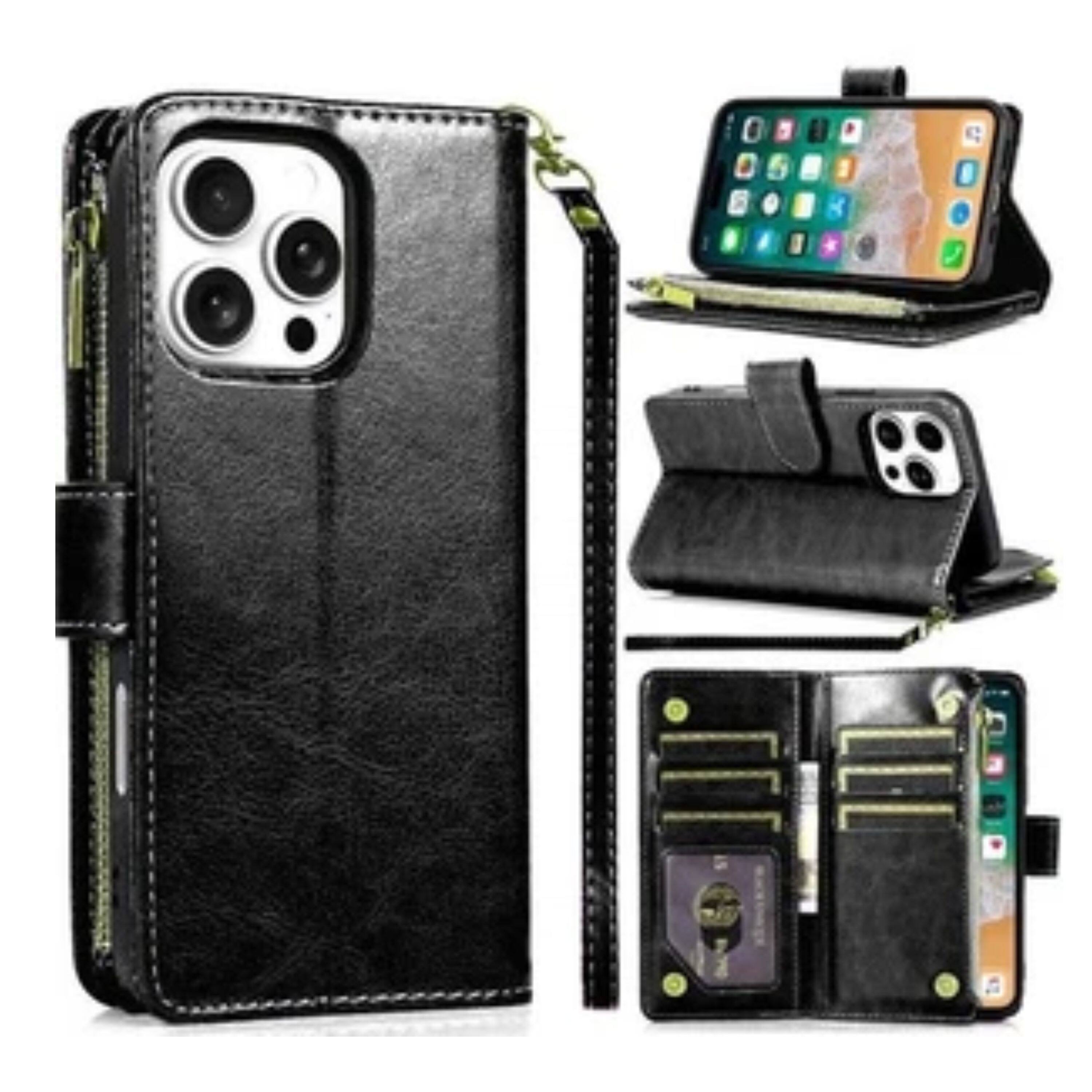 Angle. Kitcheniva - PU Leather Phone Wallet Zipper With Tempered Glass For iPhone 16 Pro Max Black - Black.