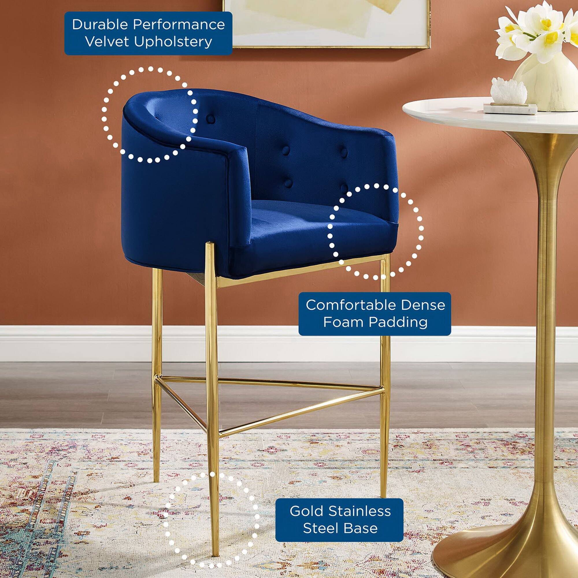 - Durable Performance Velvet Upholstery
- Comfortable Dense Foam Padding
- Gold Stainless Steel Base
