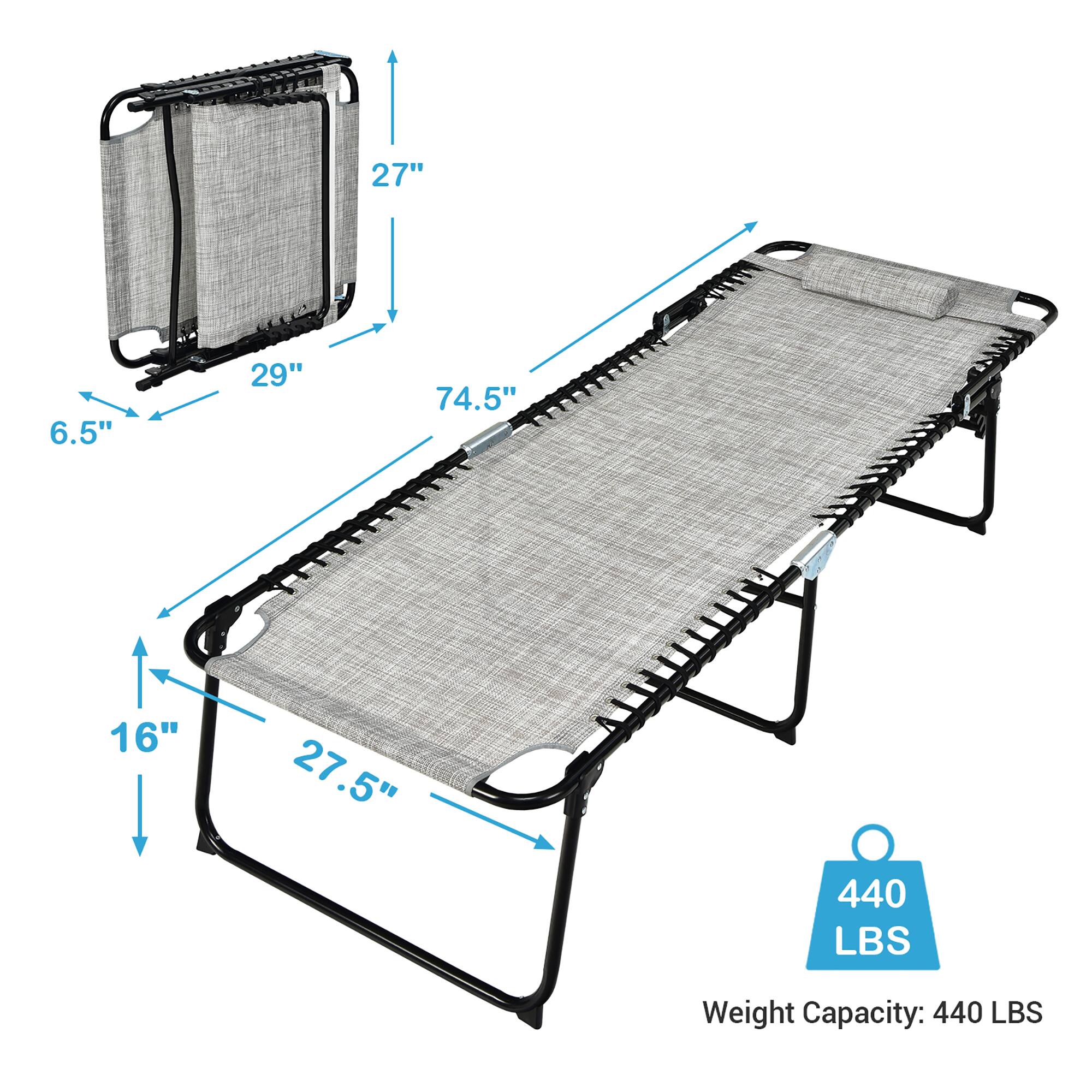 27", 29", 6.5", 74.5", 16", 27.5", 440 LBS, Weight Capacity: 440 LBS