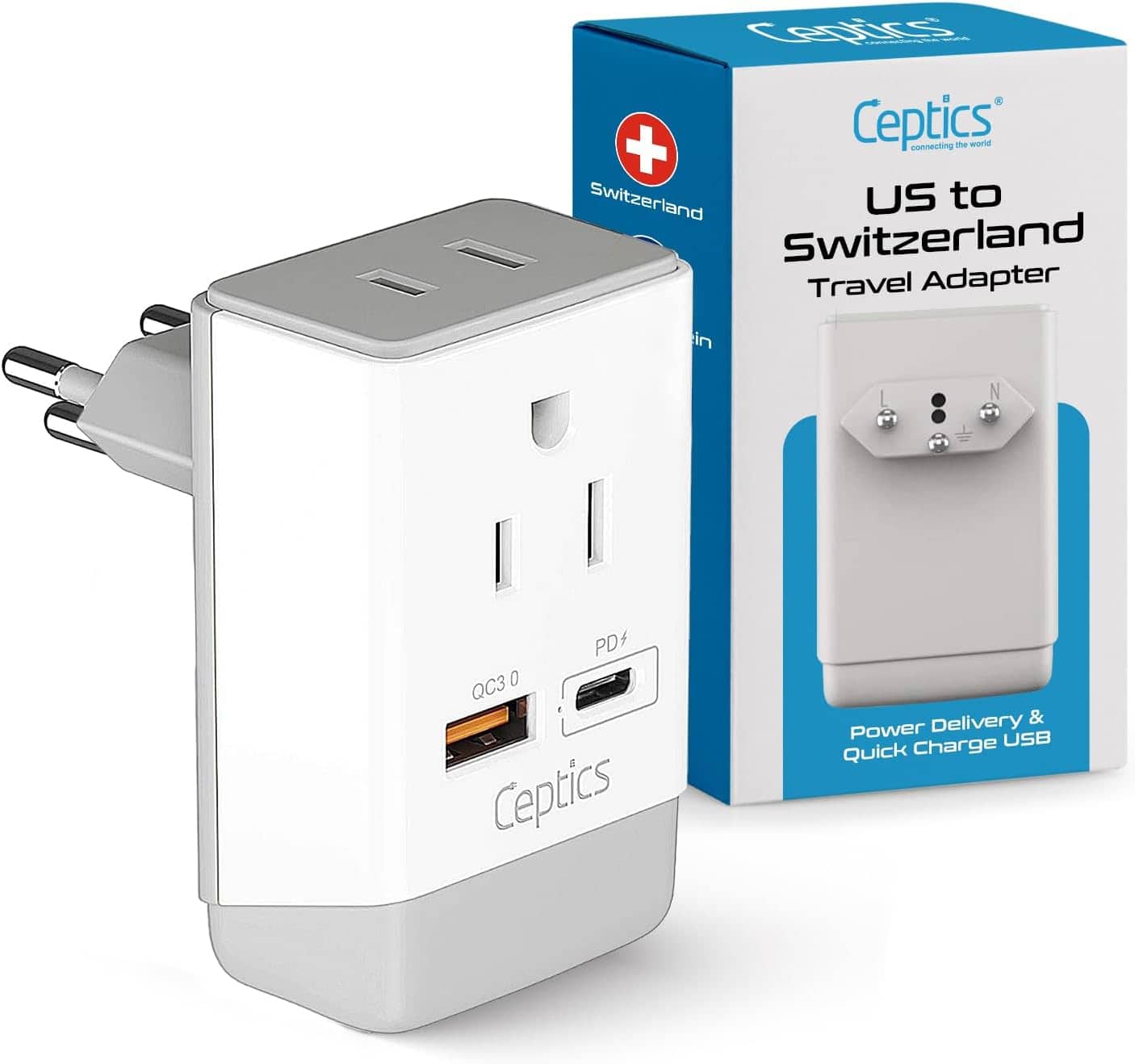 Ceptics - Switzerland Plug Adapter, Travel with QC 3.0 & PD, Safe Dual USB & USB-C - White