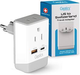 Ceptics - Switzerland Plug Adapter, Travel with QC 3.0 & PD, Safe Dual USB & USB-C - White
