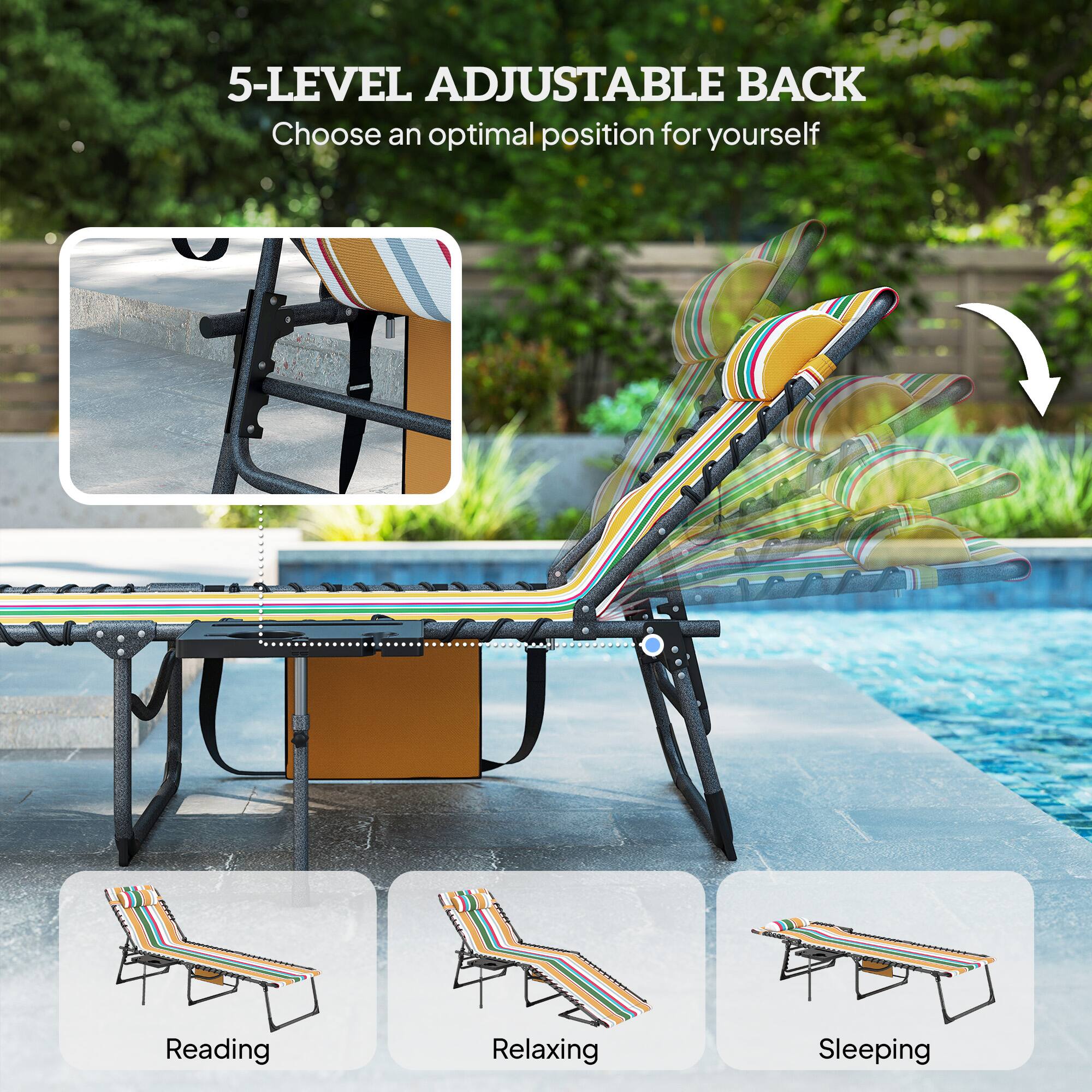 5-LEVEL ADJUSTABLE BACK  
Choose an optimal position for yourself  

Reading  
Relaxing  
Sleeping