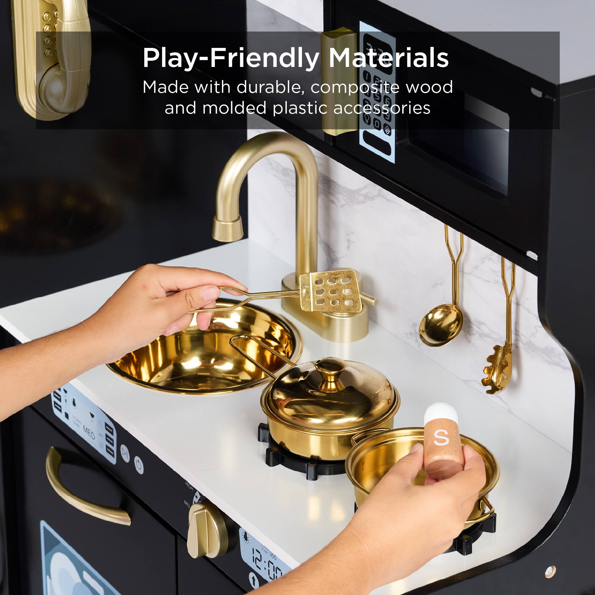 Play-Friendly Materials  
Made with durable, composite wood and molded plastic accessories