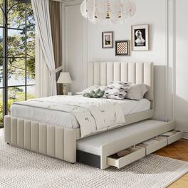 Tiramisubest - Full Size Upholstered Platform Bed with Twin Size Trundle and 3 Drawers, Linen Fabric, Beige - Beige