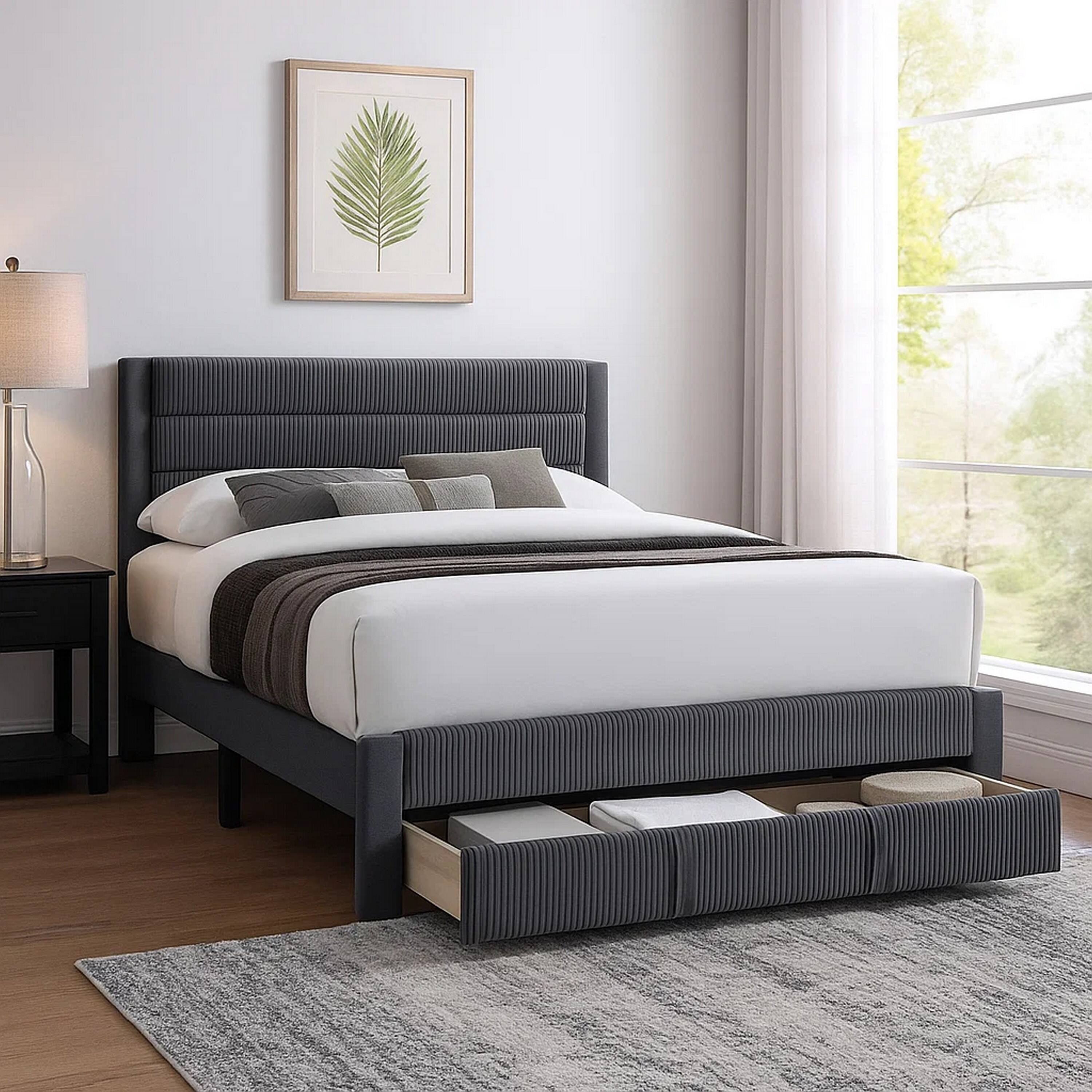 Alt View 2. Manhattan Lane - Daisy Full Bed w Drawer, Charcoal Gray Corduroy Upholstery, Foam - Charcoal Gray.