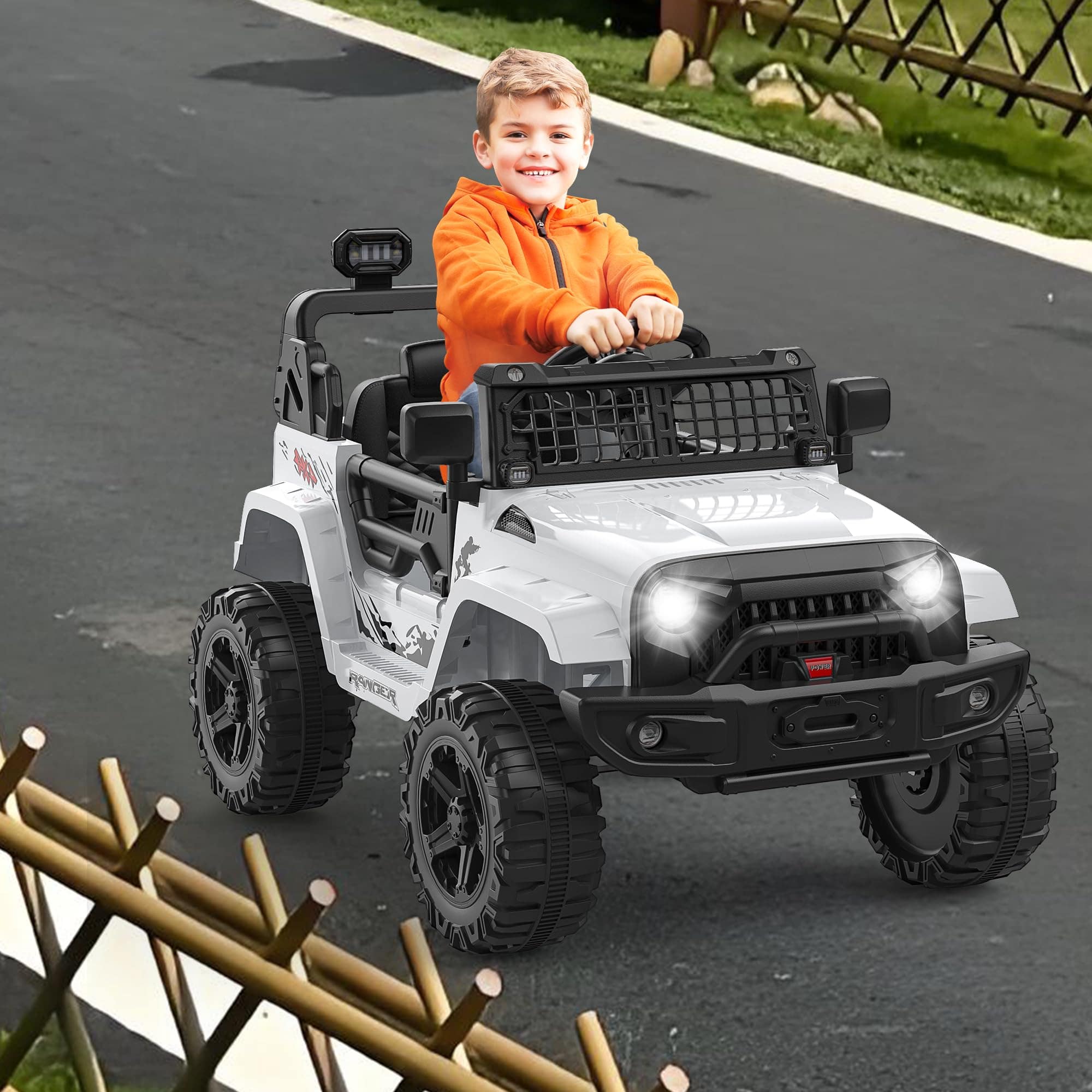 GARVEE - 12V Kids Ride On Truck with Parent Remote Control, Spring Suspension, LED Lights, Bluetooth, Off-Road Electric Car - White