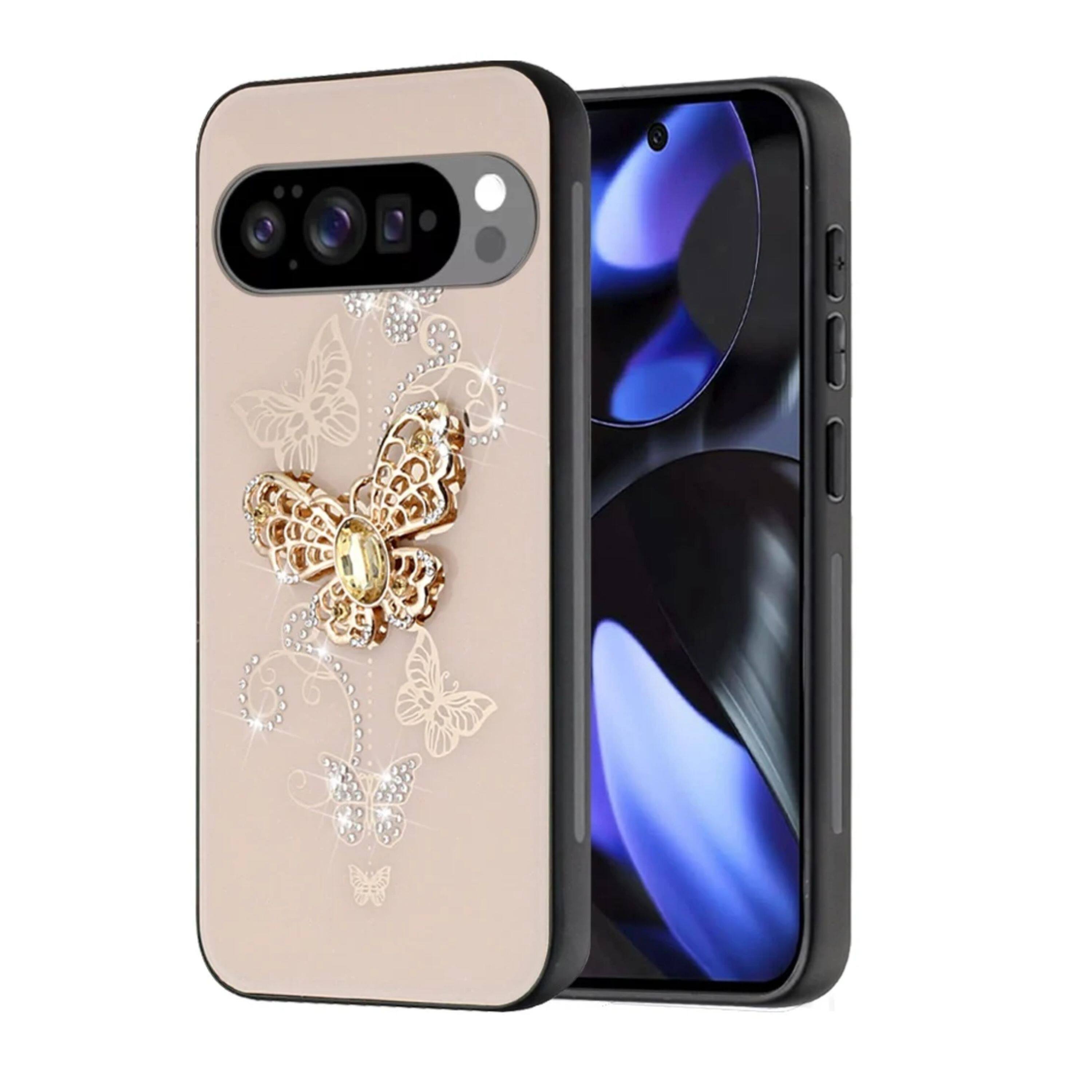 Angle. Kitcheniva - Luxury Rhinestone Bling Case With Tempered Glass For Google Pixel 10 / 10 Pro Garden Butterflies Gold - Multicolor.