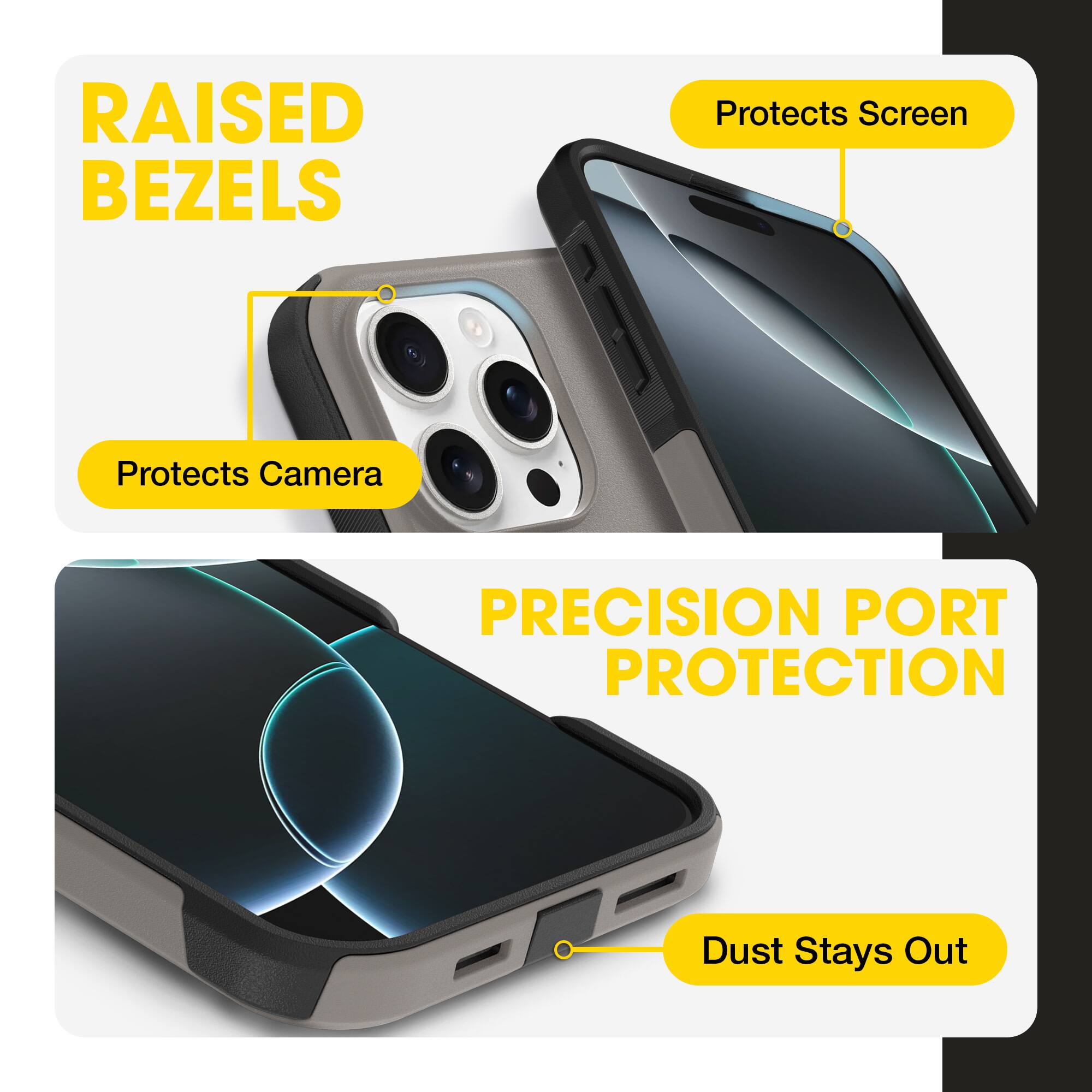 RAISED BEZELS  
- Protects Screen  
- Protects Camera  

PRECISION PORT PROTECTION  
- Dust Stays Out