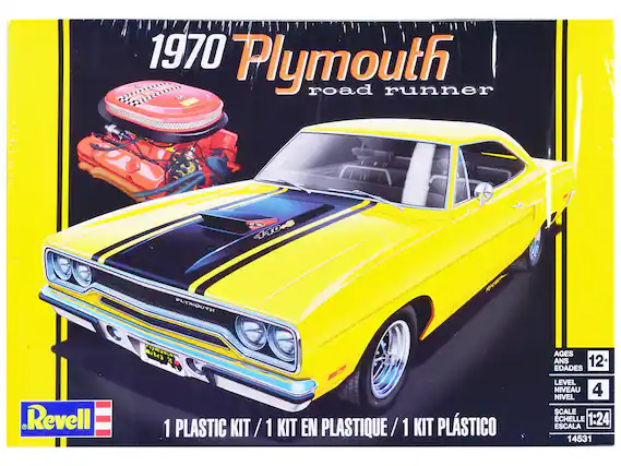 1970 Plymouth Road Runner
PLYMOUTH
1 PLASTIC KIT / 1 KIT EN PLASTIQUE / 1 KIT PLÁSTICO
LEVEL NIVEAU 4 NIVEL
SCALE 1:24 ESCALA
AGES 12+ ANS EDAD
14531