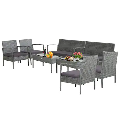 Front. Gymax - Gymax 8PCS Rattan Patio Furniture Set Outdoor Wicker Conversation Set w/ Cushions - Grey.