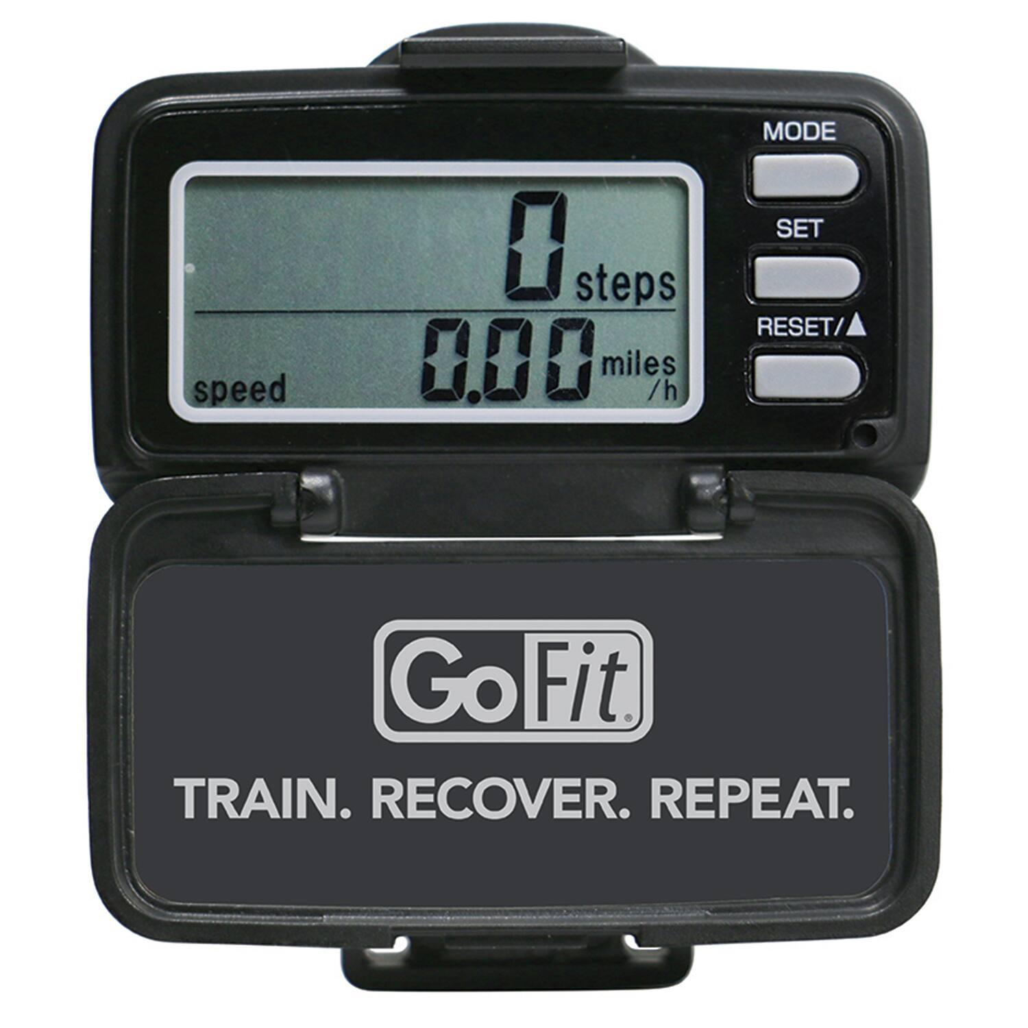speed 0 steps 0.00 miles /h MODE SET RESET/ Go Fit. TRAIN. RECOVER. REPEAT.