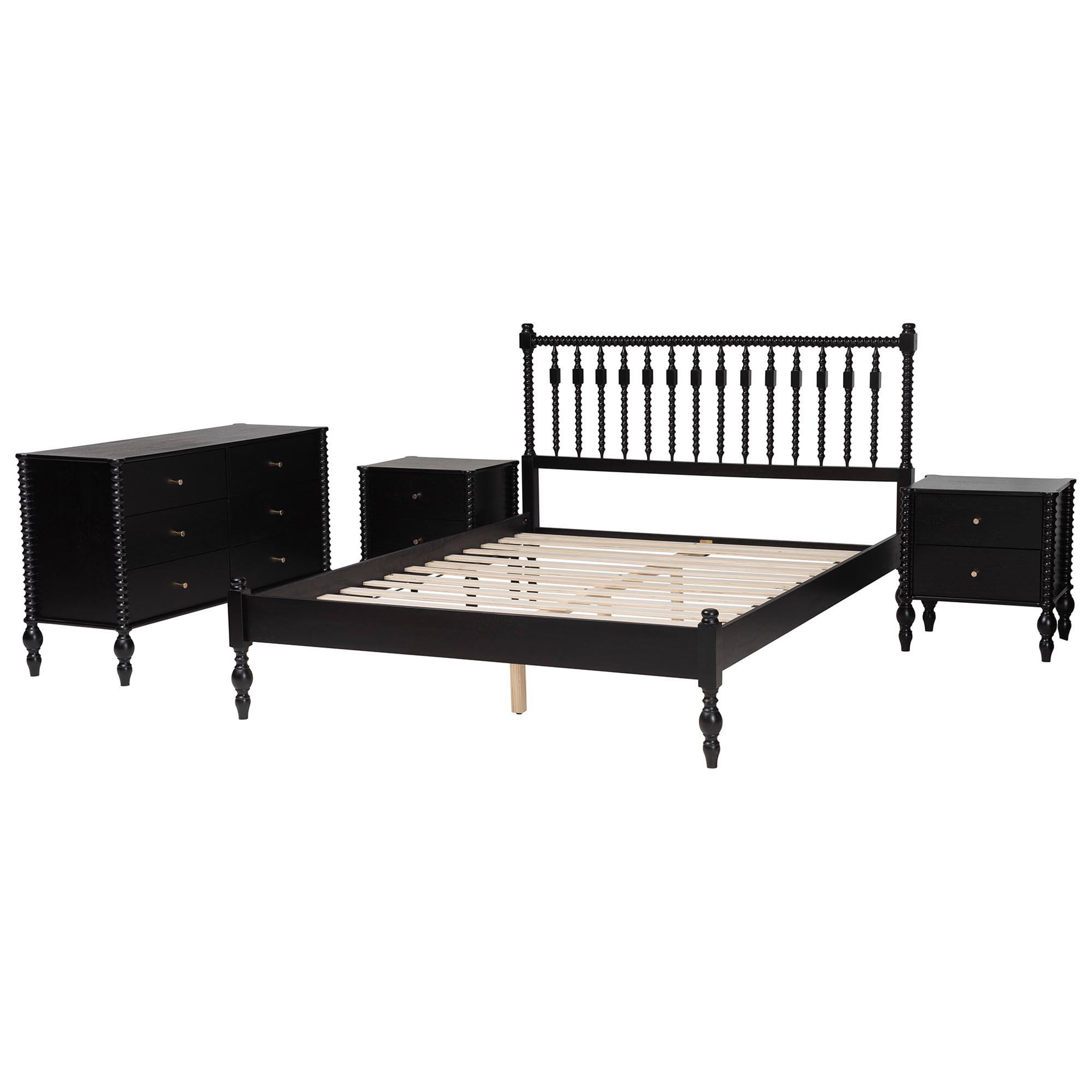 Angle. Baxton Studio - Callison Spindle 4-Piece Bedroom Set - Platform Bed with Matching Dresser and 2-Drawer Nightstands, Full - Black.