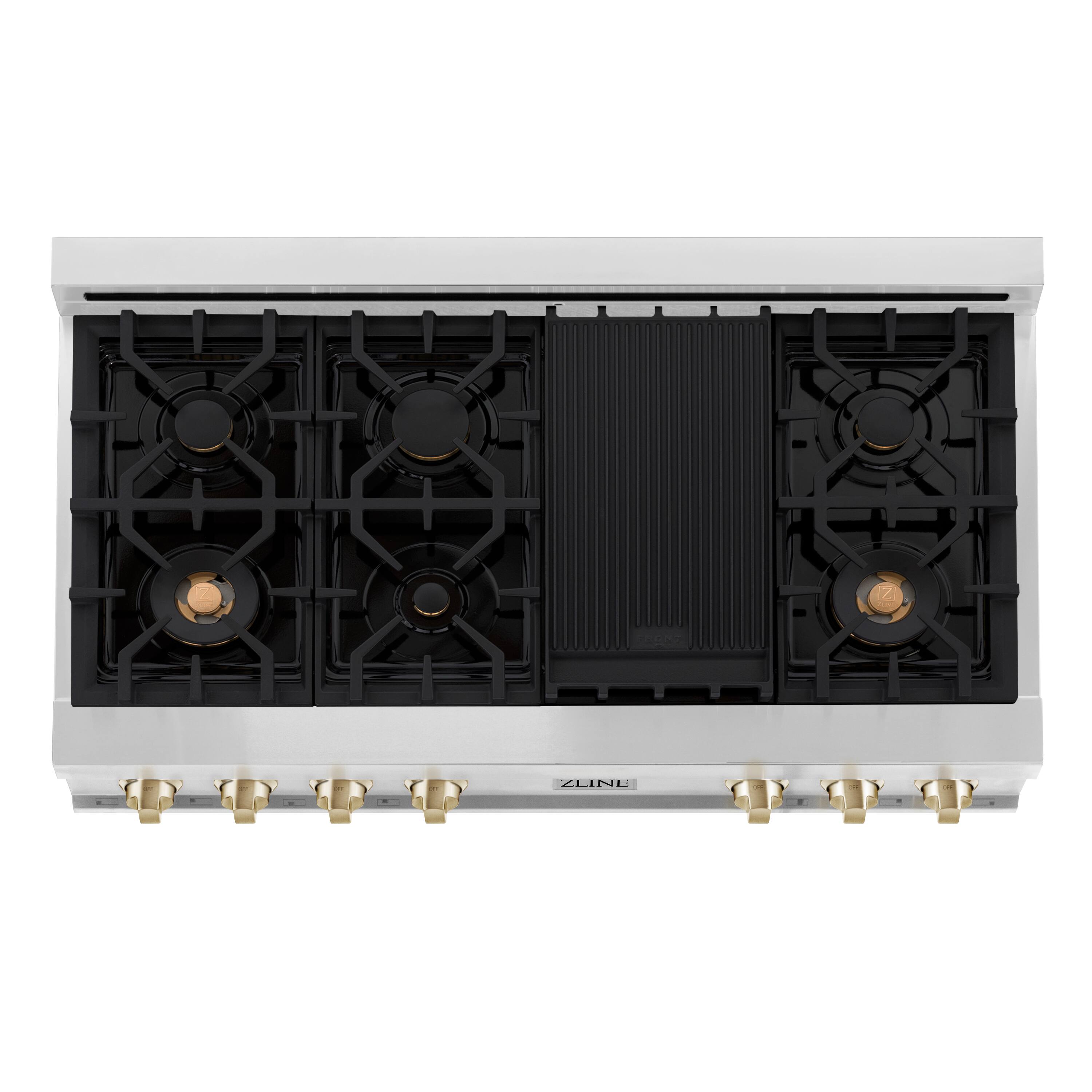 Alt View 4. ZLINE - Autograph Edition 48 in. Slide-In Legacy Gas Rangetop with 7 Burners and Porcelain Cooktop with Polished Gold Accents - Stainless Steel.