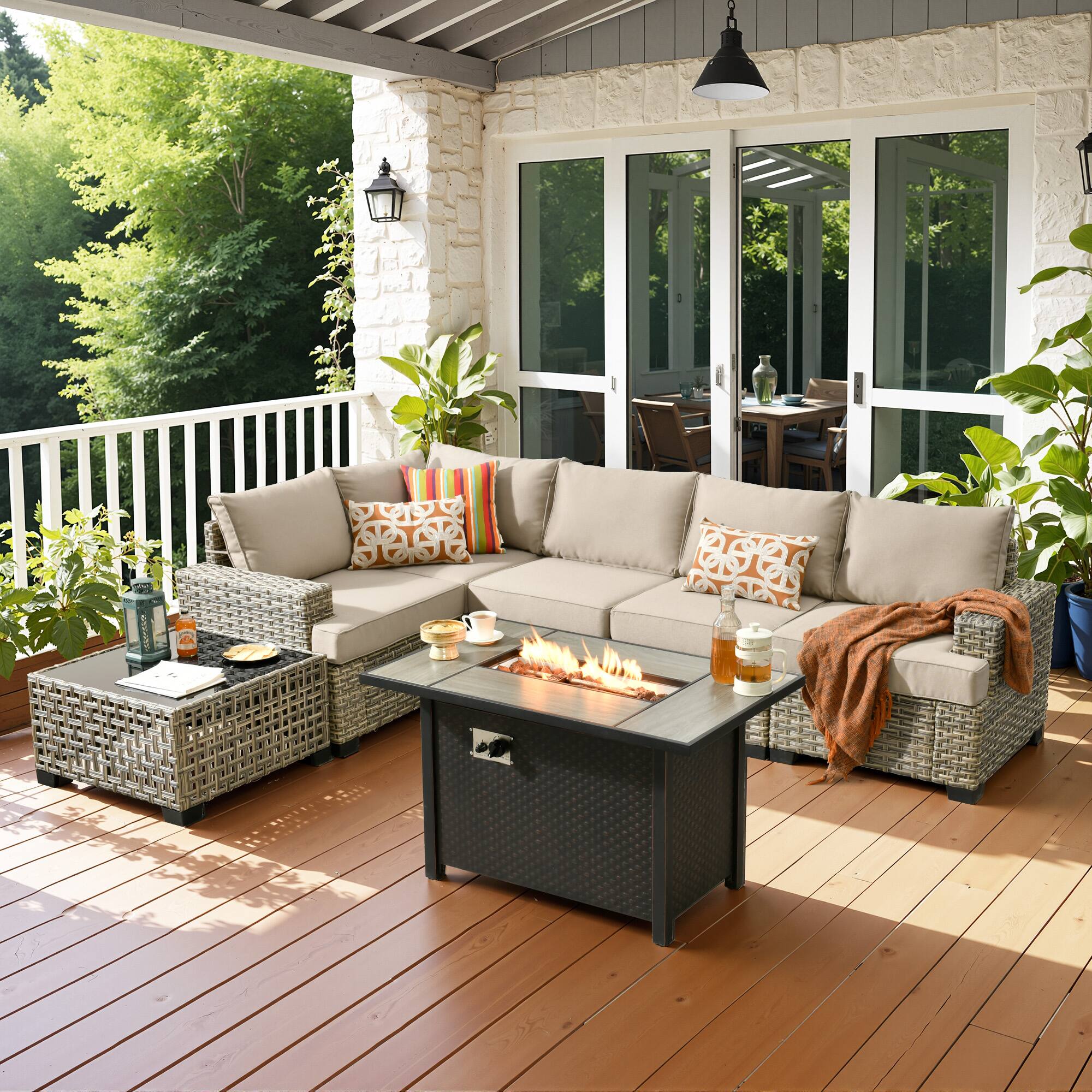 Ovios - 7 PCS Patio Sectional Furniture with 42" Fire Pit Table Rattan Wicker Coversation Couch Set - Beige