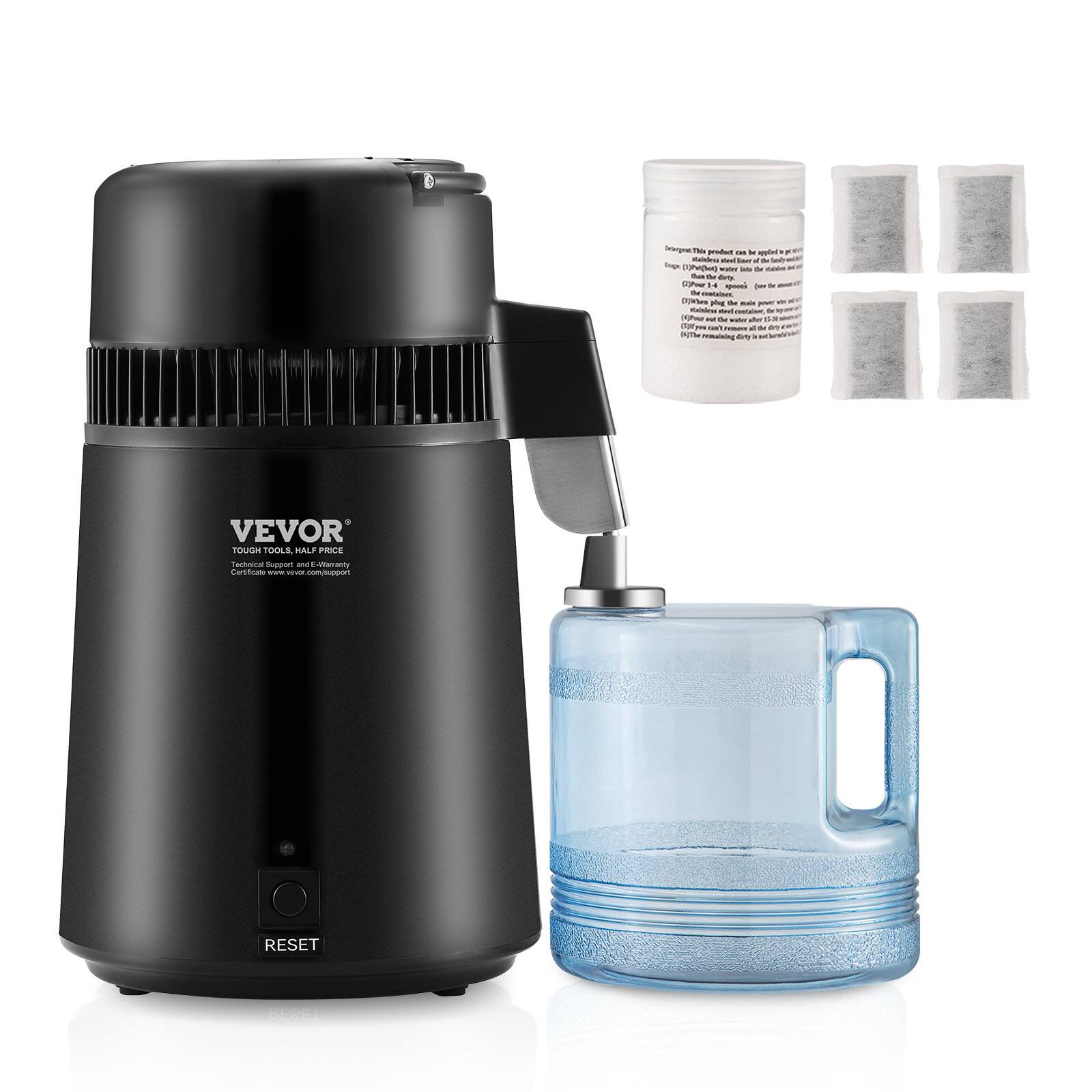 VEVOR - Water Distiller, 4L 1.05 Gallon Pure Water Purifier Filter For Home Countertop, 750W Distilled Water Maker - Black