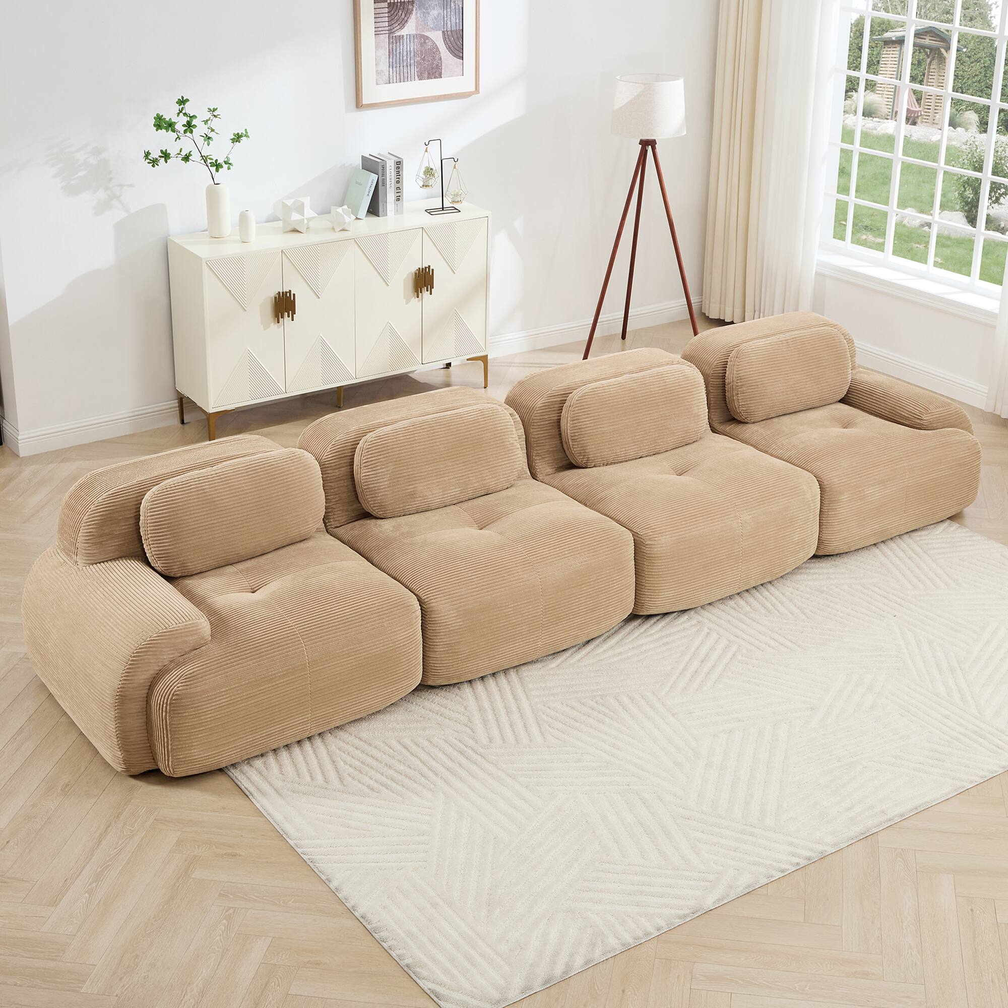 Front. LOVMOR - 4 Seat Corduroy Couch Modular No Assembly Compressed Pack Anti Slip Curved Armrests For Bedroom Study Soft Den - Camel.