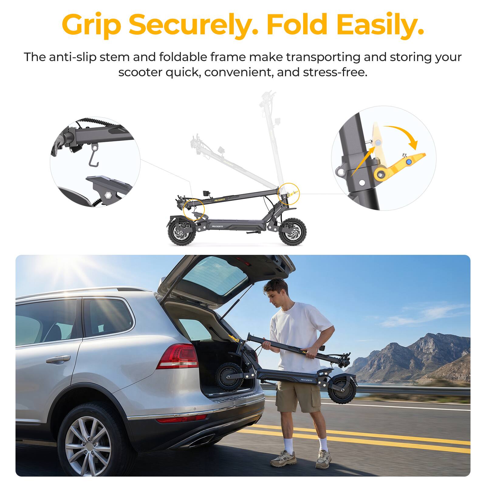 Grip Securely. Fold Easily. The anti-slip stem and foldable frame make transporting and storing your scooter quick, convenient, and stress-free.