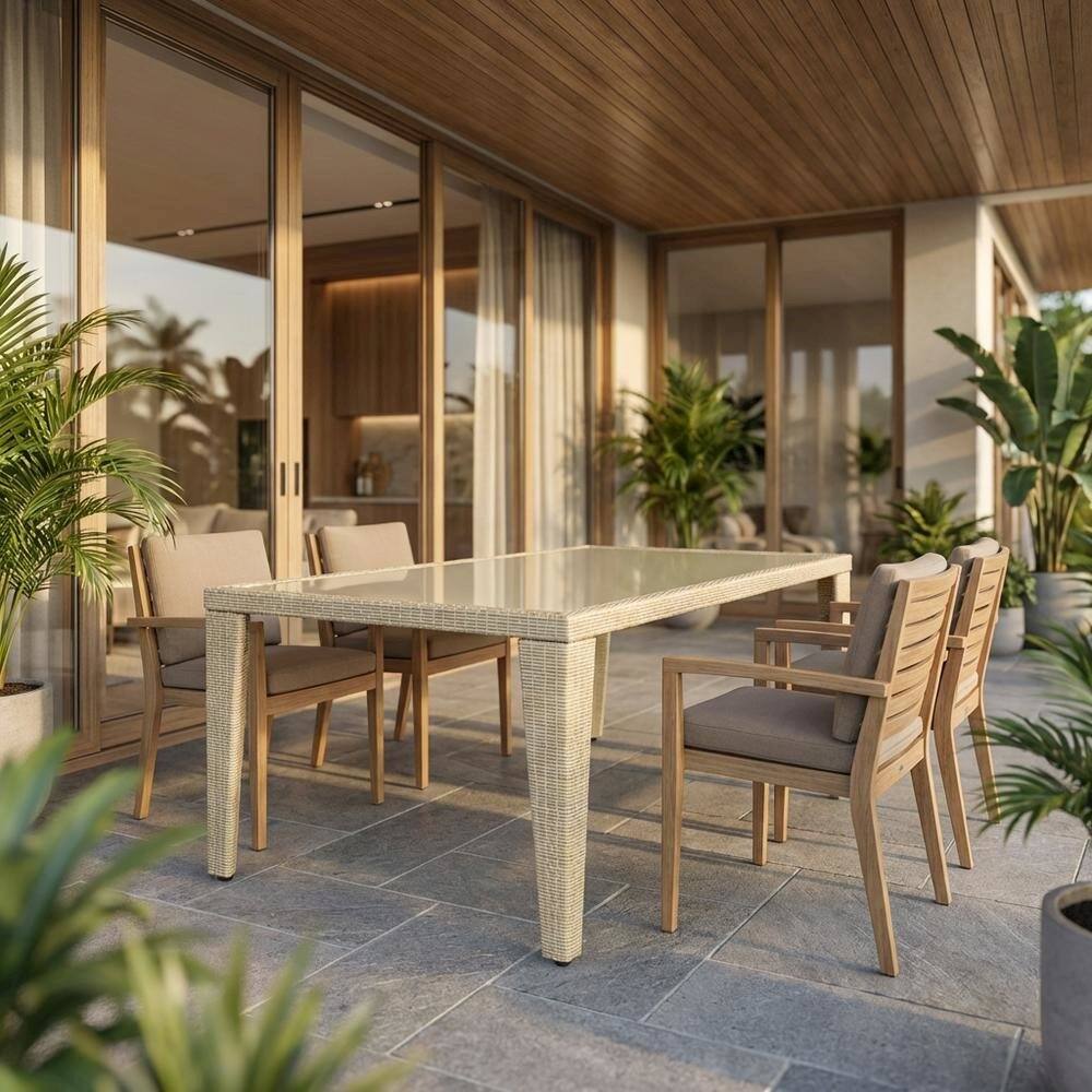 Alt View 4. Outdoor Escape - Rectangle PE Wicker Dining Table with Glass Top for Outdoor Patio - Natural Linen.