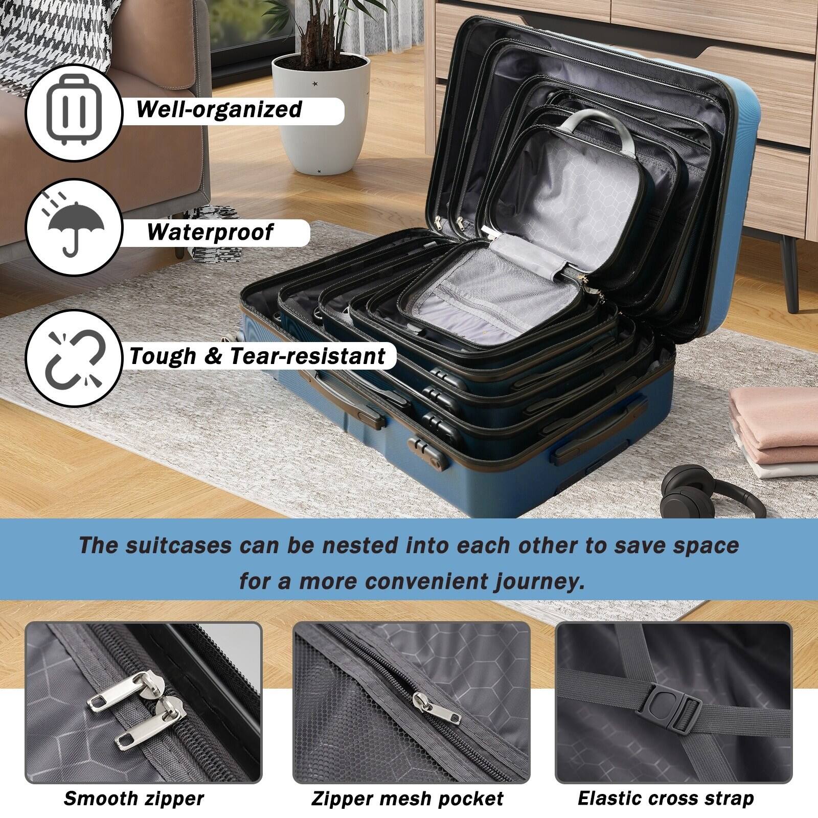 - Well-organized
- Waterproof
- Tough & Tear-resistant

The suitcases can be nested into each other to save space for a more convenient journey.

- Smooth zipper
- Zipper mesh pocket
- Elastic cross strap