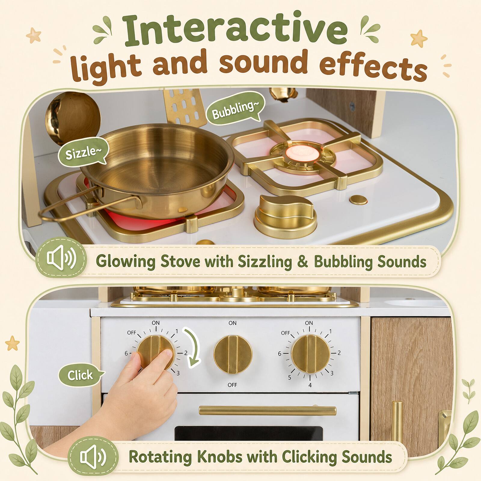 Interactive light and sound effects

Glowing Stove with Sizzling & Bubbling Sounds

Rotating Knobs with Clicking Sounds