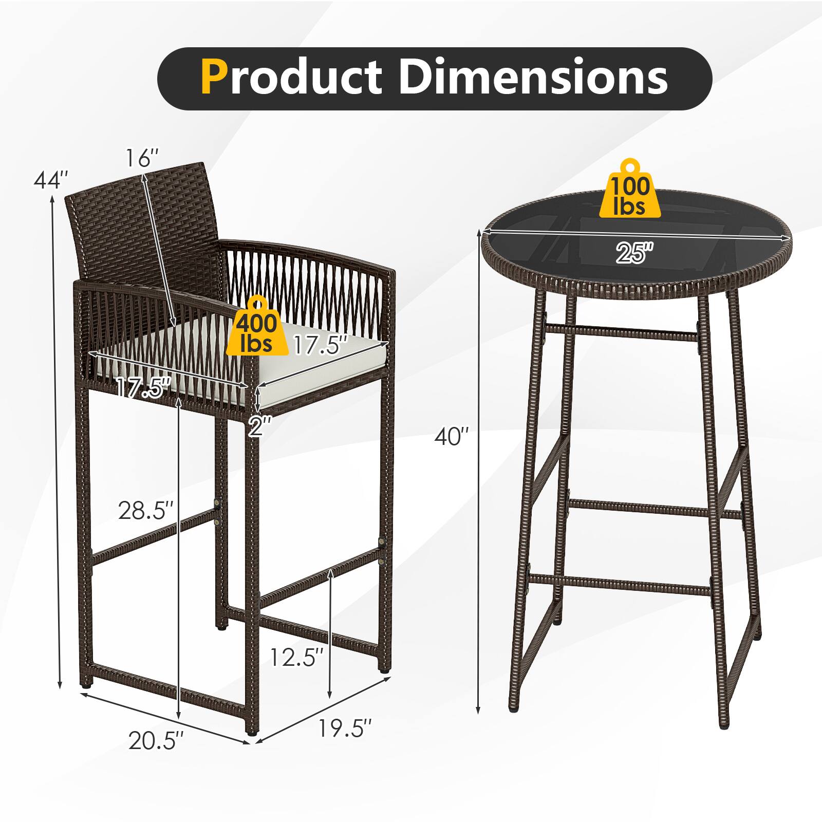Product Dimensions

- Height: 44"
- Seat Height: 16"
- Seat Depth: 17.5"
- Seat Width: 17.5"
- Table Height: 40"
- Table Diameter: 25"
- Table Weight Capacity: 100 lbs
- Chair Weight Capacity: 400 lbs
- Back Height: 28.5"
- Back Width: 20.5"
- Armrest Height: 12.5"
- Armrest Width: 19.5"
- Leg Width: 2"