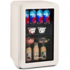 The image shows a refrigerator filled with various drinks and food items. The drinks include bottles of Fiji water and Chobani yogurt, while the food items consist of a container of strawberries and a container of yogurt. The refrigerator is stocked with a variety of items, making it a convenient place to store and access refreshments and snacks.