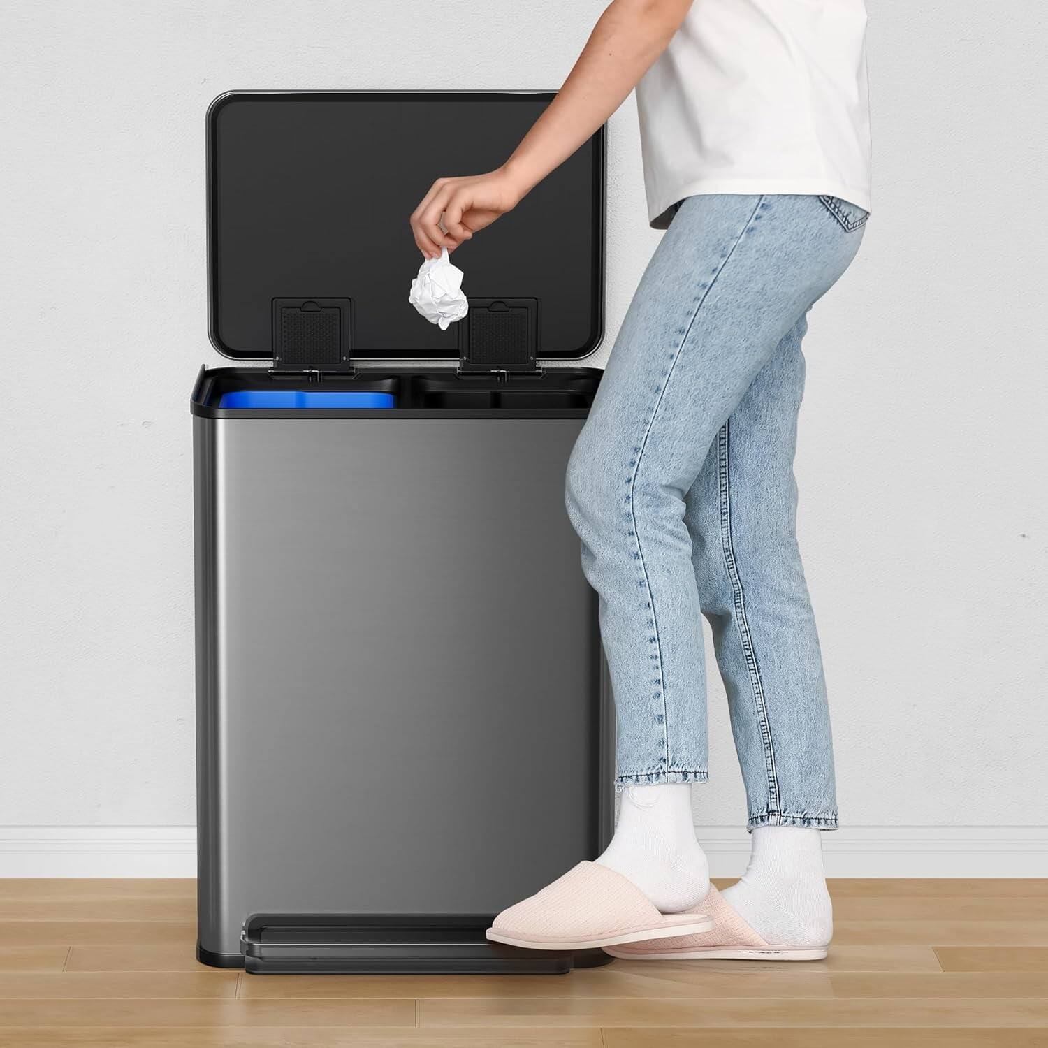 Left. Homhougo - 16 Gal Step-On Dual Stainless Steel Trash Bin, Black - Black.