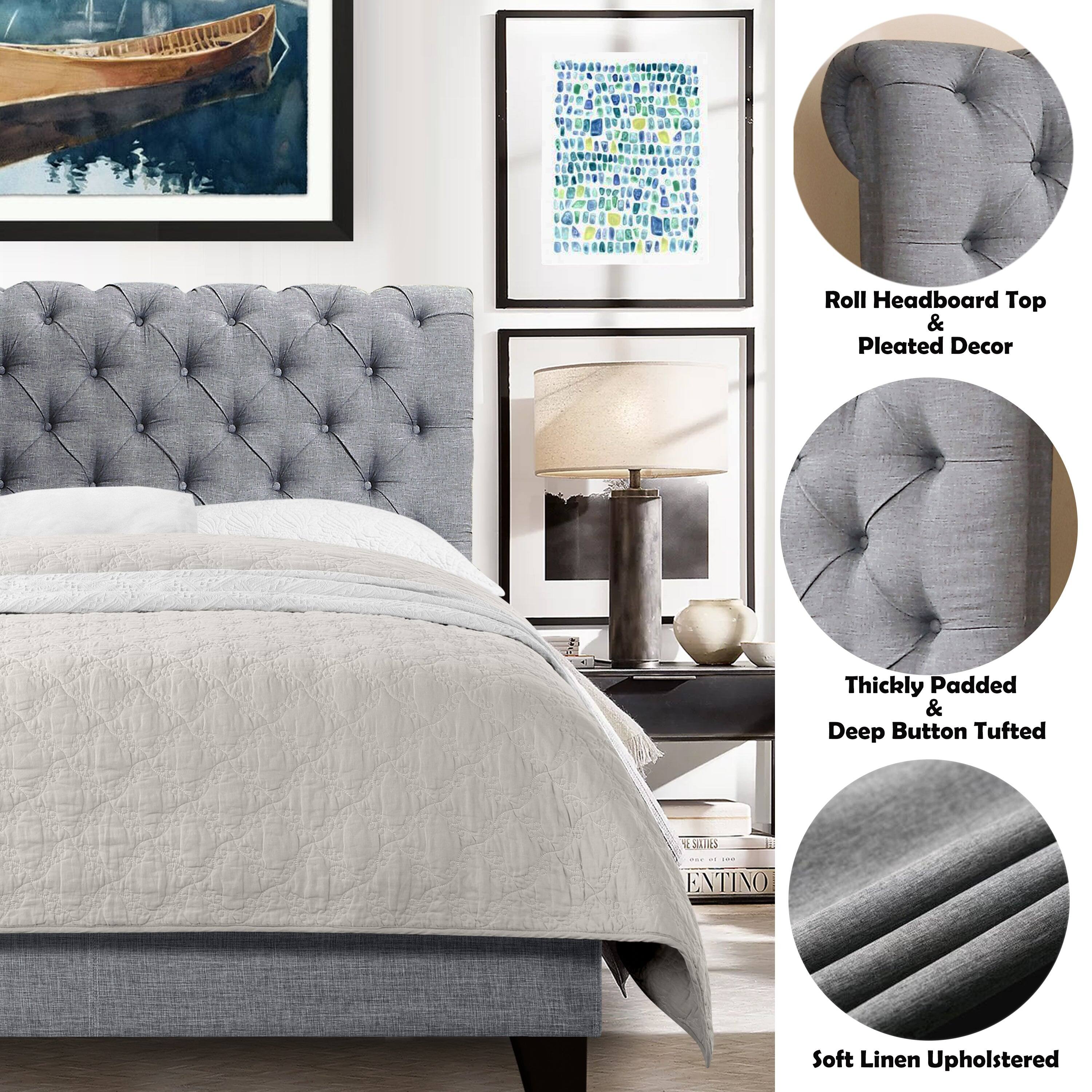 - Roll Headboard Top & Pleated Decor
- Thickly Padded & Deep Button Tufted
- Soft Linen Upholstered