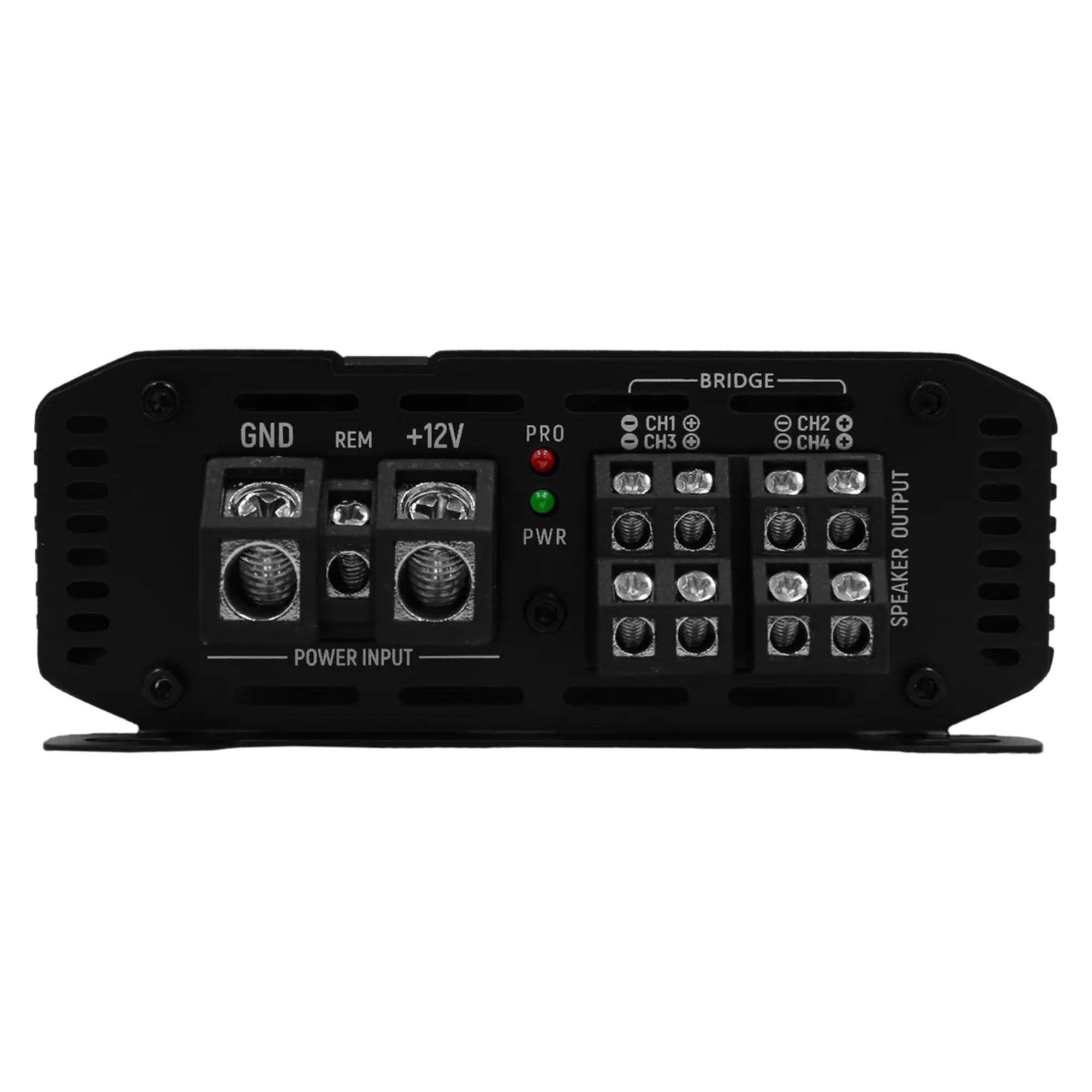 BRIDGE GND REM +12V POWER INPUT PRO PWR CH1 CH2 CH3 CH4 SPEAKER OUTPUT